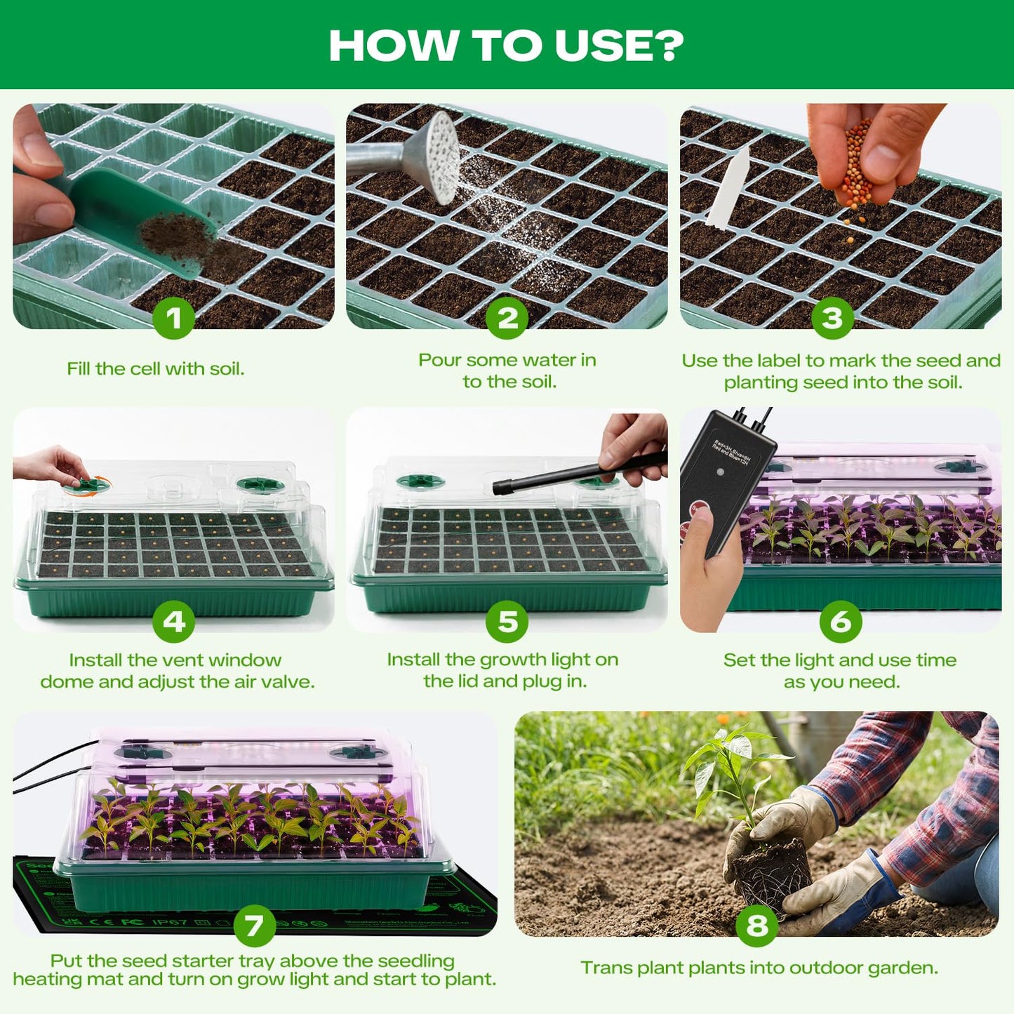 Qmioti Seed Starter Tray with Grow Light & Heating Mat, Digital Temperature Control, 40-Cell Seed Starter Kit with Humidity Dome, Reusable Seed Starter for Indoor Planting Seeds