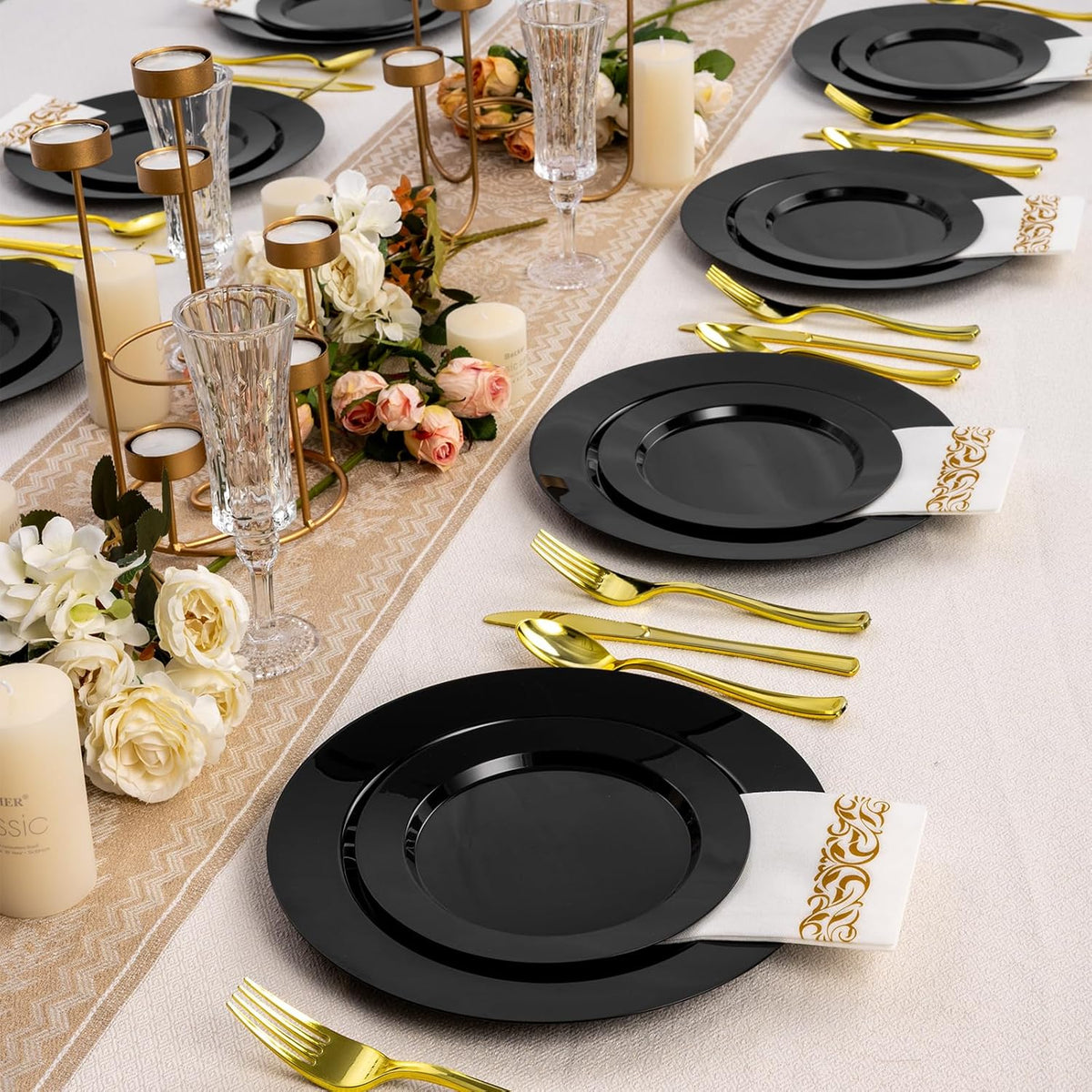 Goodluck 200PCS Black Plastic Plates, Heavy Duty Disposable Gold Plates with 100 10.25 inch Dinner Plates and 100 7.5 inch Dessert Plates for Party, Holiday, Wedding, Thanksgiving