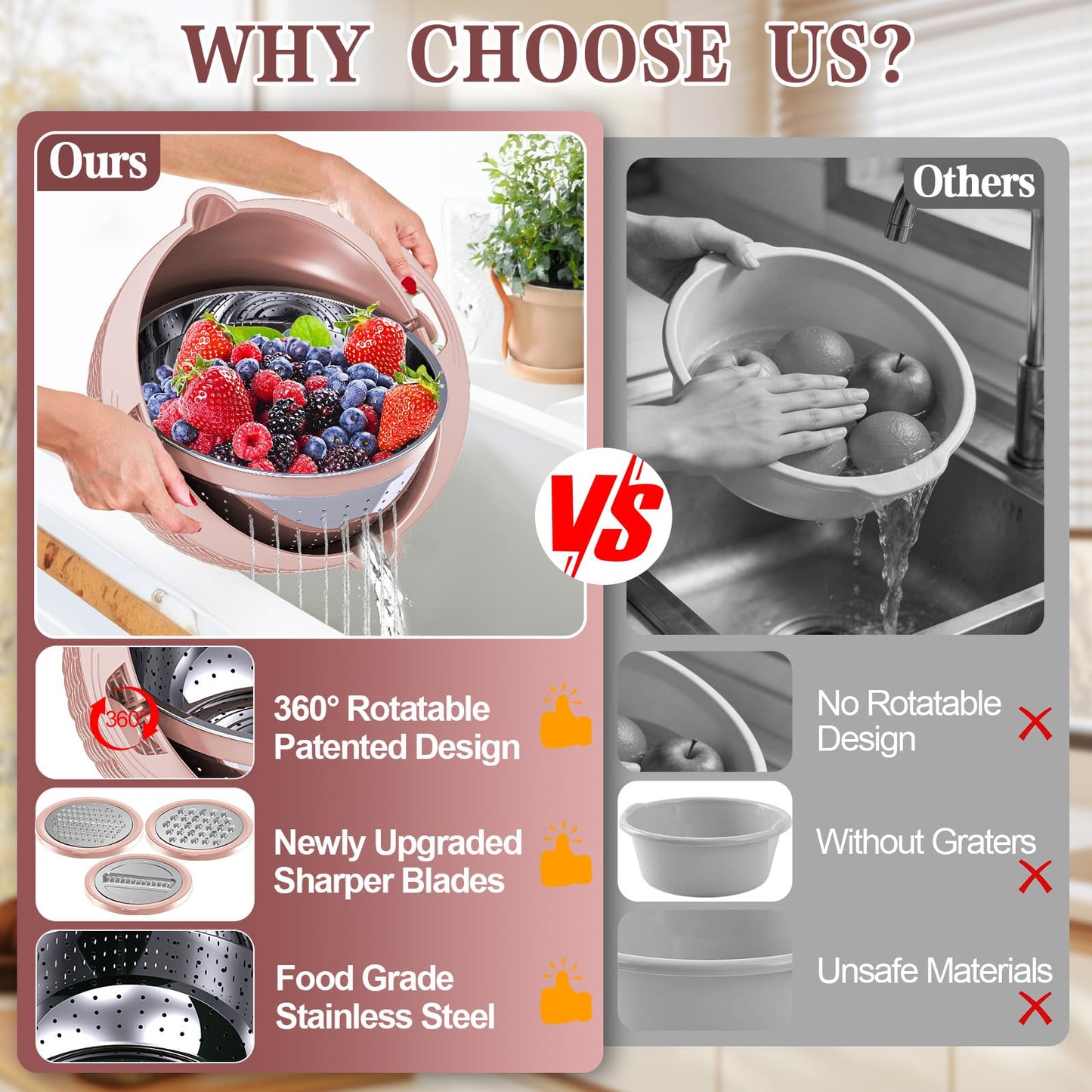 4-1 Strainer Bowl with Lid Set - Strainers and Colanders, Colander for Kitchen, Pasta Strainer, Fruit Cleaner, Veggie Wash, Funny Kitchen Present, Fruit Washing Bowl, Cooking Present for Women - Pink
