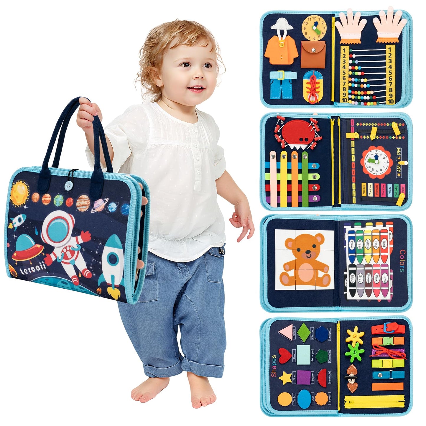 Lercaii Toddler Busy Board Book Montessori Toys,Sensory Book Educational Activities for Learning Fine Motor Skills, Quiet Travel Essentials for Airplane & Car, Birthday Gift for Boys Girls Toddlers