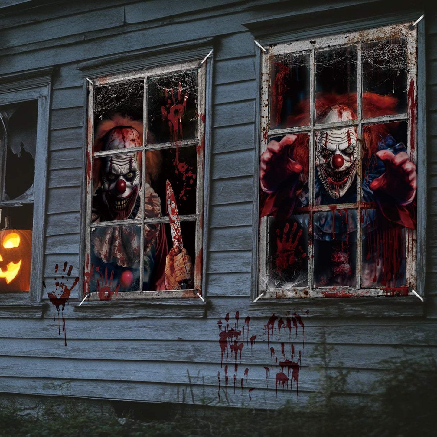 Hxezoc 2 Pack Halloween Window Decorations Scary Spooky Clown Window Backdrop Poster for Halloween Window Door Wall Cover Decoration Supplies