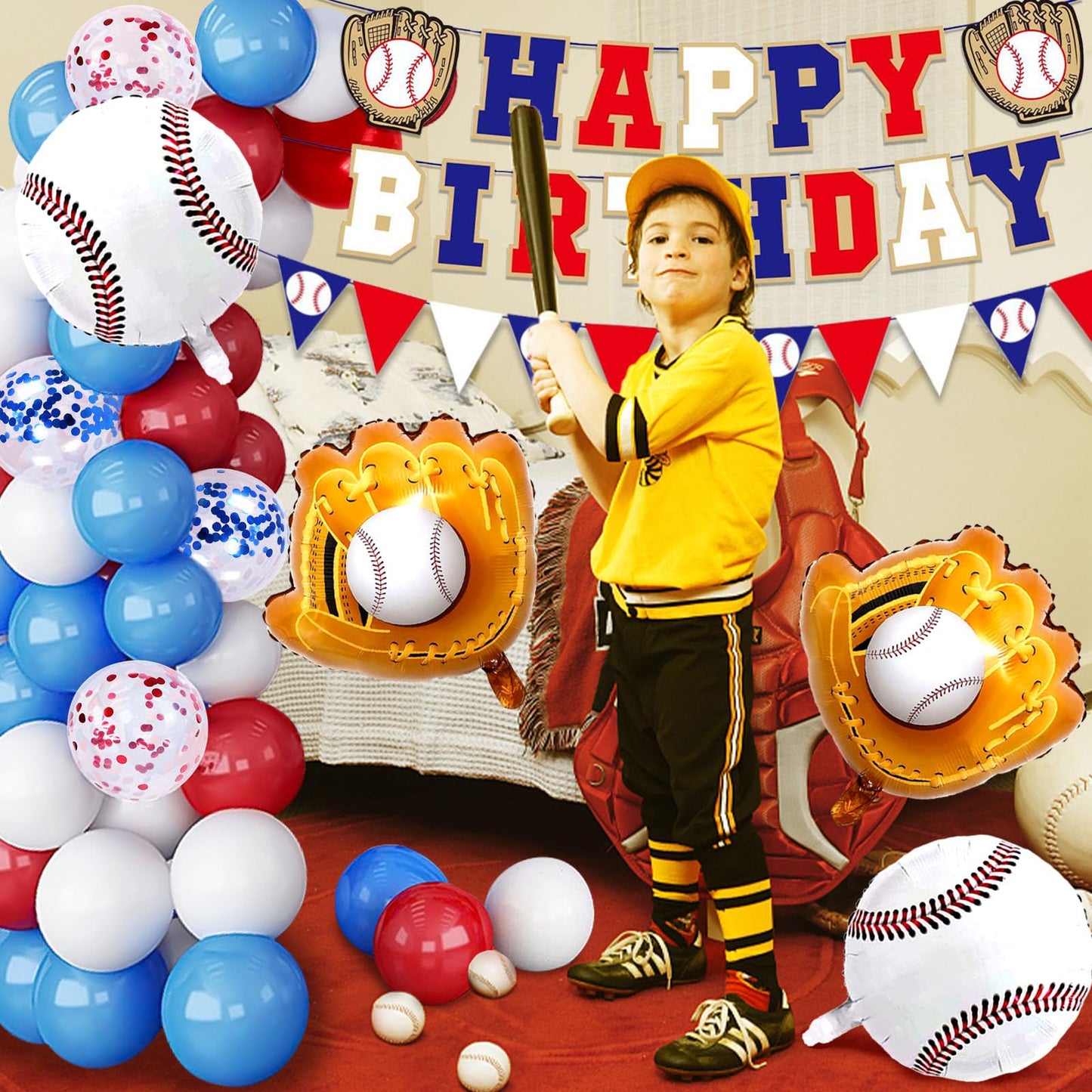 Baseball Birthday Party Decorations, 64 PCS Baseball Party Supplies Kit, Include Backdrop, Happy Birthday Banner, Balloons, Cupcake, Cake Toppers