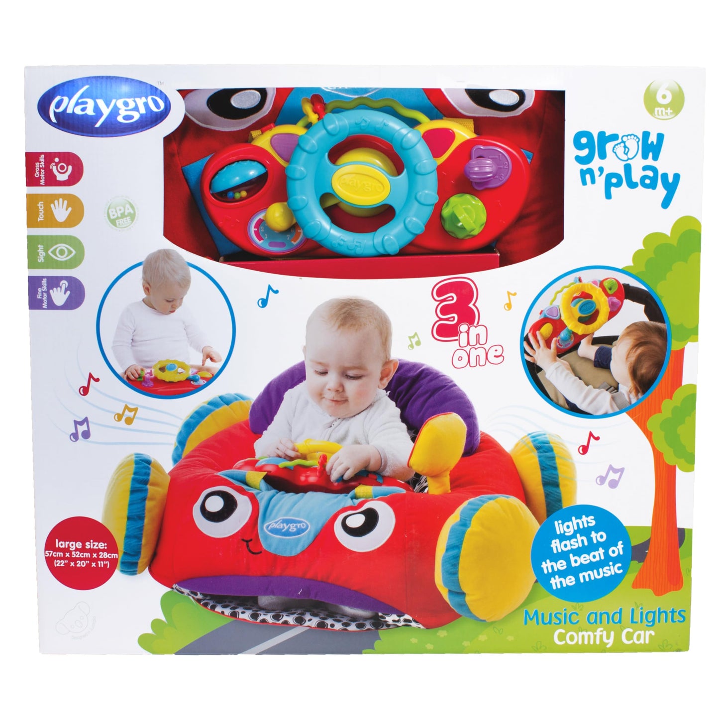 Playgro Music and Lights Comfy Car for Babies 6+ Months - Interactive Toddler Ride-On Toy for Imaginative Adventures - Detachable Dashboard, Storage Pouch, & Safe Play Space