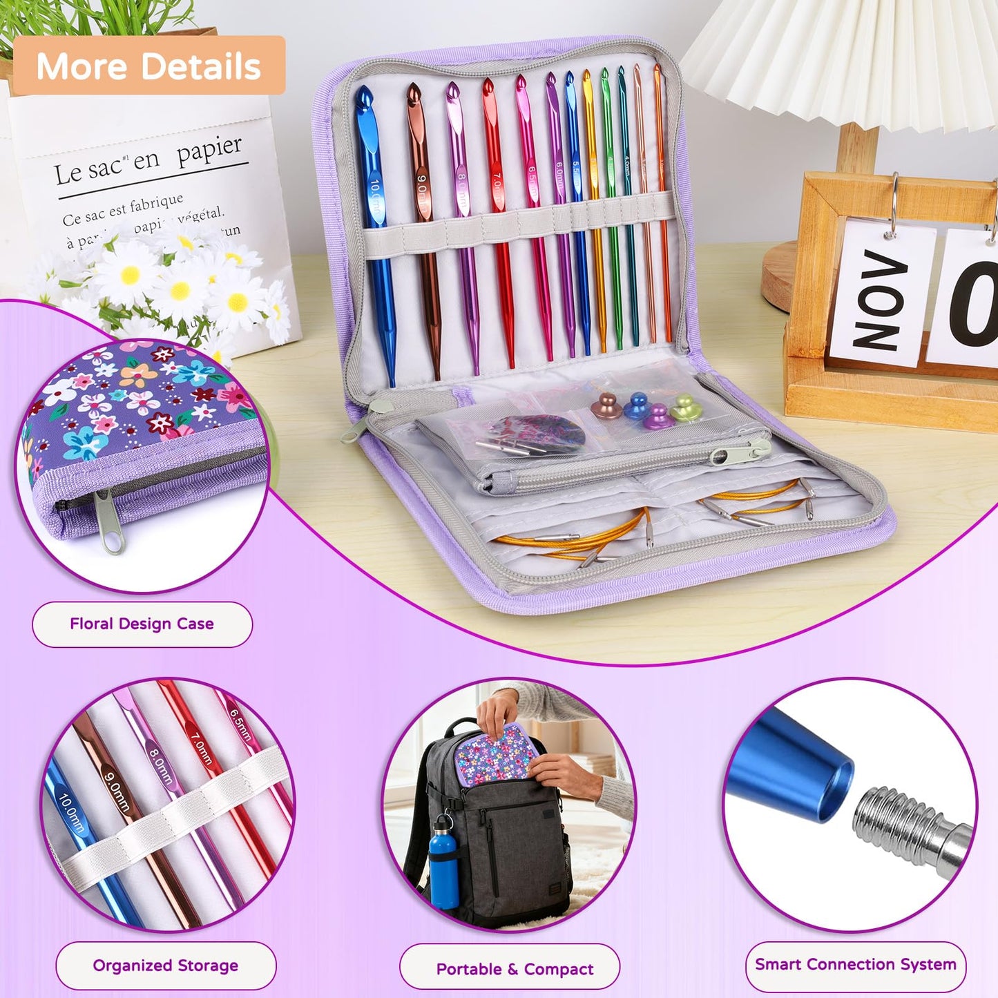 Reessy Interchangeable Tunisian Crochet Hooks Set – 12 Sizes (3.0–10mm) Aluminum Crochet Hooks with 4 Cables, Accessories & Floral Storage Bag – Detachable Afghan Crochet Hook Kit