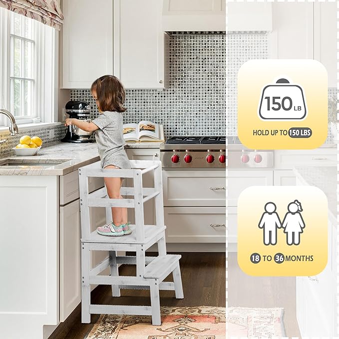 Kitchen Step Stool for Toddlers with Safety Rail, Wooden Toddler Standing Tower Kids Montessori Learning Stool Helper with A Anti-tip Structure for Kitchen Bathroom, Anti-Slip, White