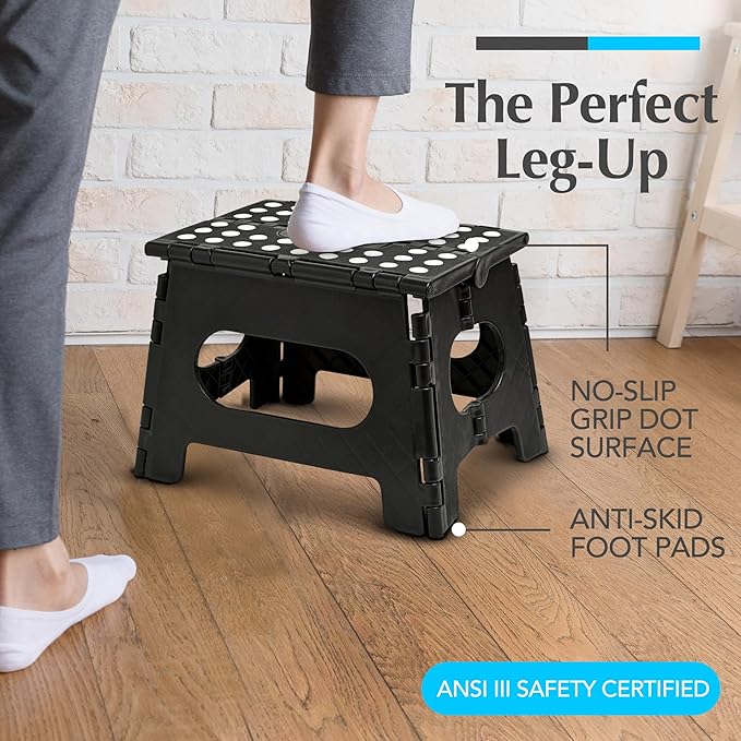 Handy Laundry Folding Lightweight Step Stool - Sturdy Enough to Support Adults and Safe Enough for Kids - Opens Easy with One Flip - Great for Kitchen, Bathroom or Bedroom (Black - 8 Inch)