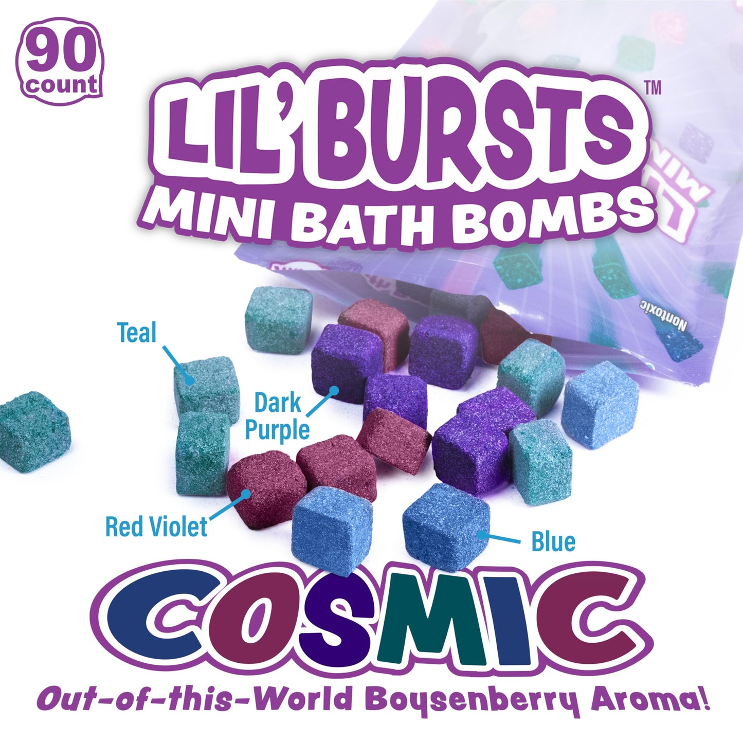 Tub Works® Lil' Bursts™ Mini Bath Bombs for Kids, 90 Count, Cosmic | Nontoxic | Tiny Kids Bath Bombs with A Burst of Color, Foam & Bubbles | Customize Kids Bath with Fun Bath Colors | Create Tub Art