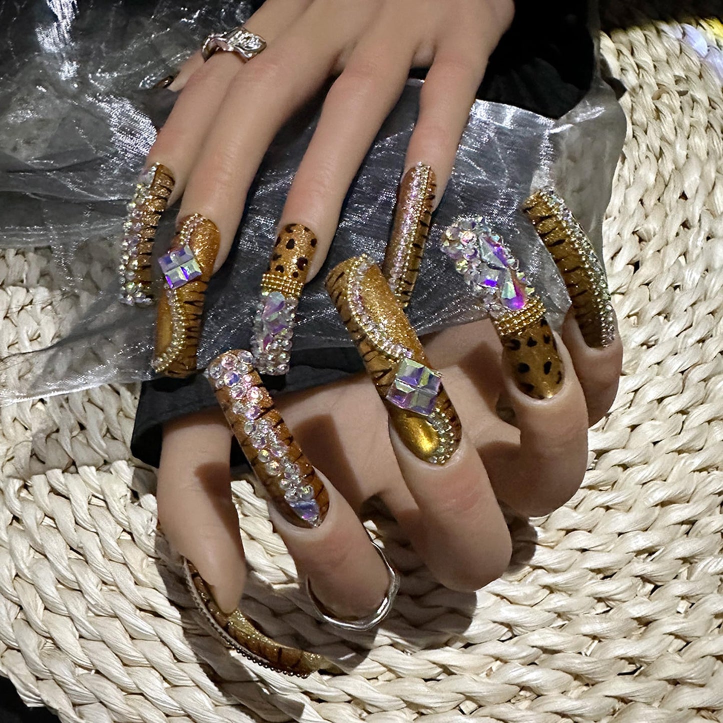 Handmade Curved Press On Nails Long Square Fake Nails Leopard Cat Eye Full Cover False Nails with 3D Rhinestones Designs Sparkly Acrylic Nails Press ons Luxury Long Nail for Women Manicure (Size M)