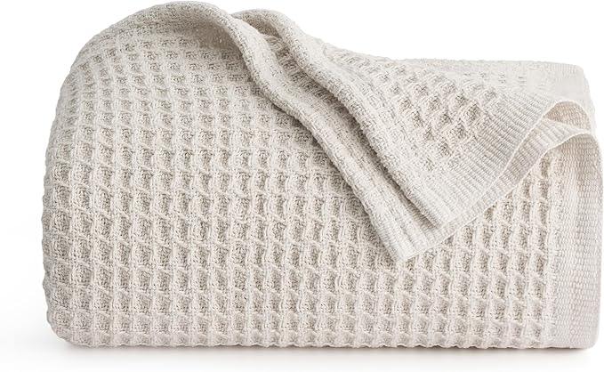 Bedsure 100% Cotton Large Throw Blanket for Couch 50x70 inches - Breathable and Soft, Waffle Weave Throw Blanket for Office, Light Beige