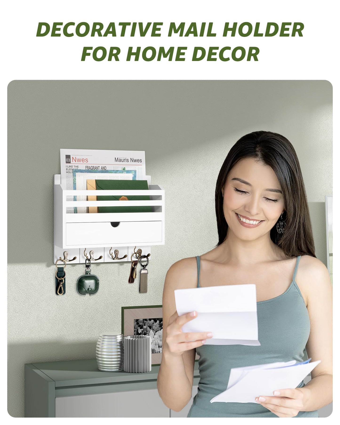 Rebee Vision Decorative Mail Organizer Wall Mount - Modern Key and Mail Holder for Wall with Drawer Organizer and 7 Key Hooks - Wall Decor Living Room for Apartment Essentials (White)