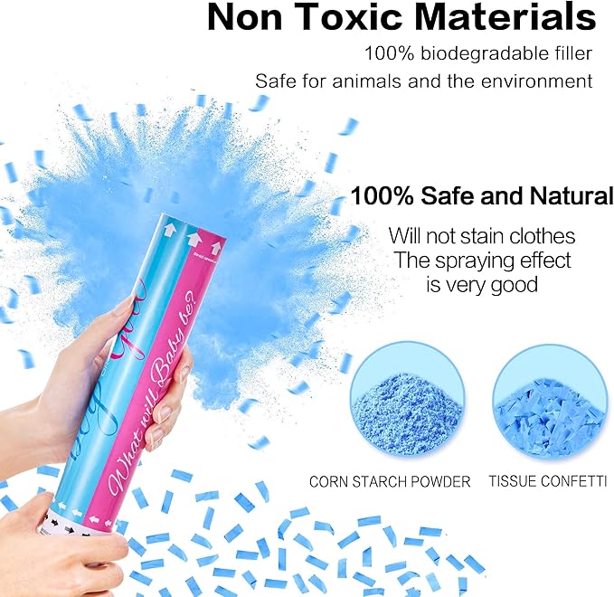 Confetti Cannon Poppers Blue or Pink 12 inch Powder Confetti for Gender Reveal Boy or Girl Set of 4 Smoke Cannon Gender Reveal Decorations Party Poppers for Baby Reveal Party Confetti Powder Poppers