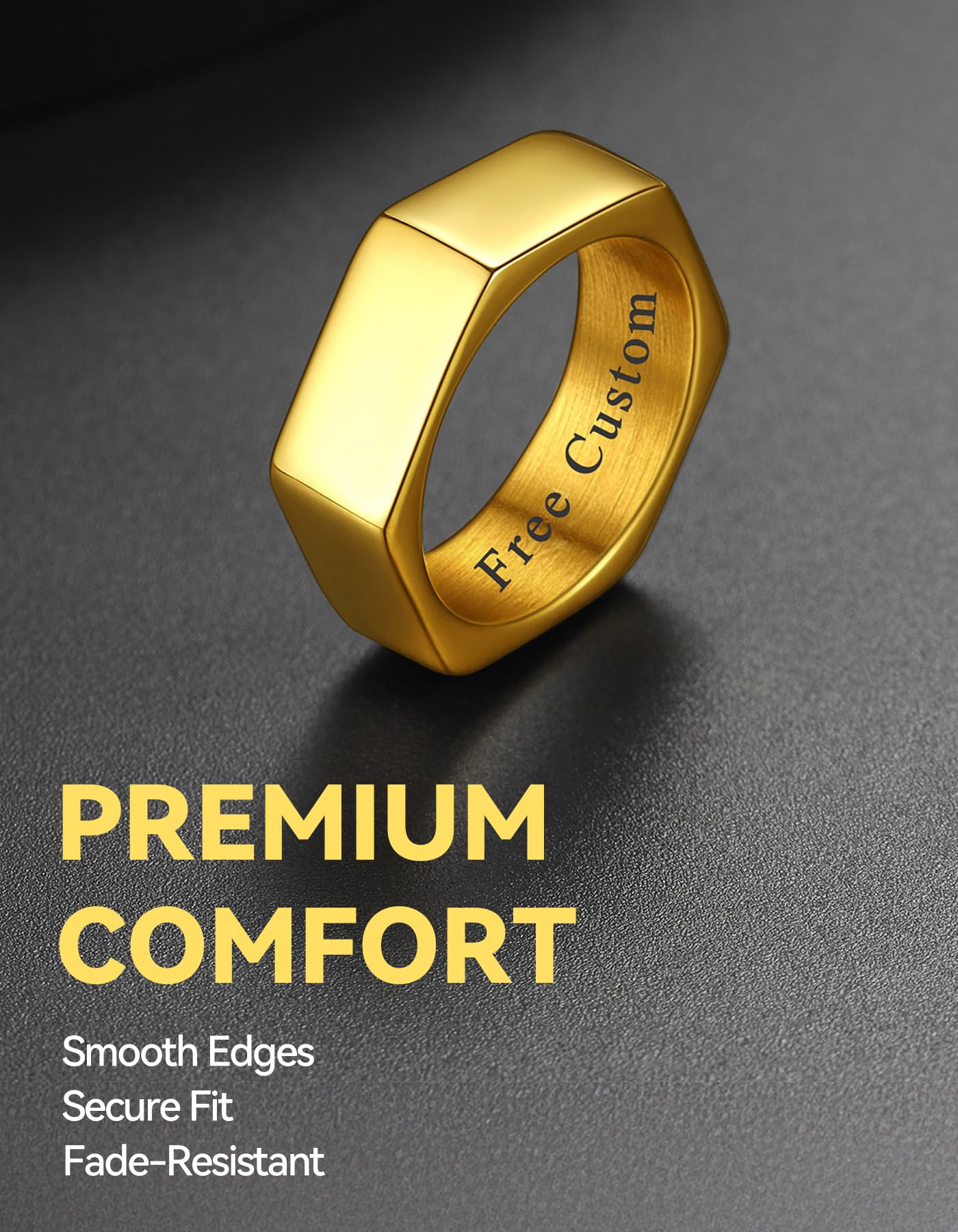 ChainsHouse Personalize Simple Band Rings 18K Gold Plated Geometric Hexagon Biker Ring for Men Women, Size 12