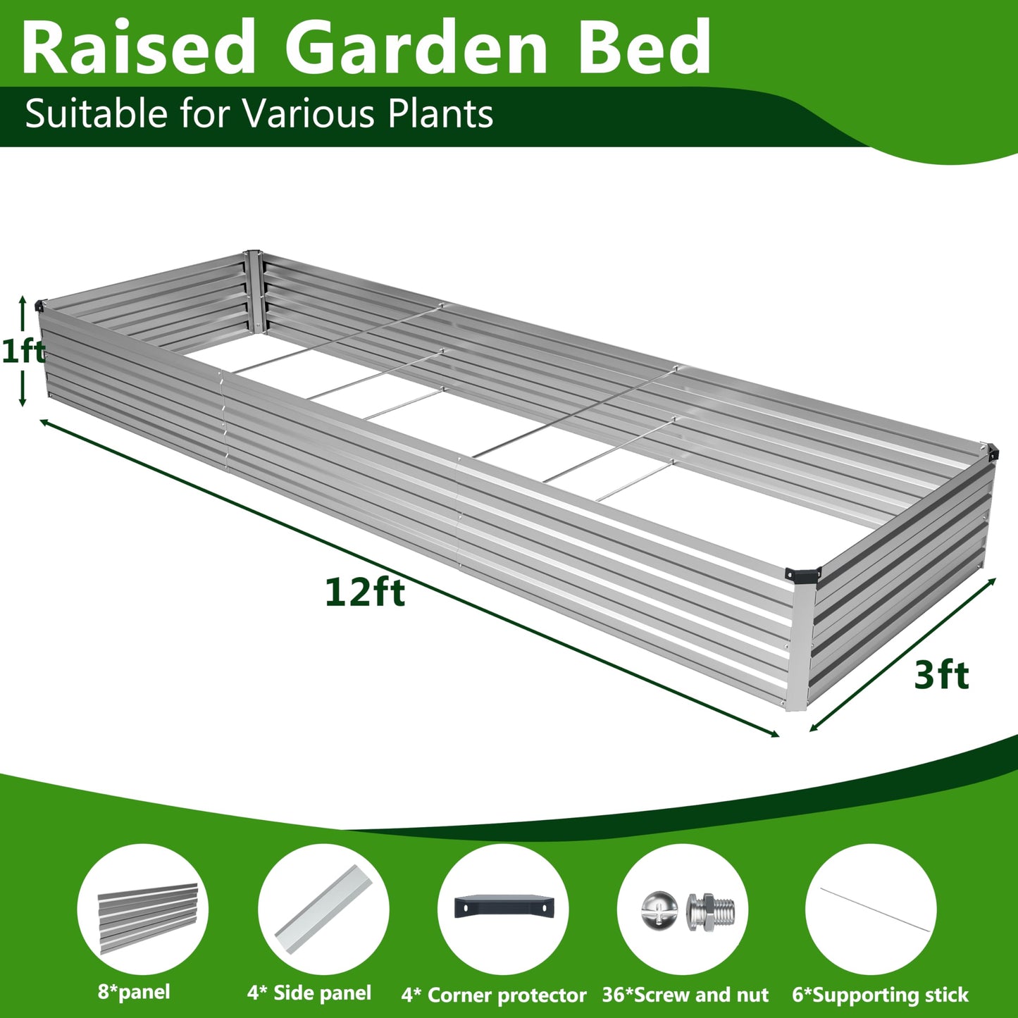 Easllre 2PCS 12x3x1ft Galvanized Raised Garden Bed,Outdoor Planter Box Metal Patio Kit Planting Bed for Vegetables Flowers Herb,Silver