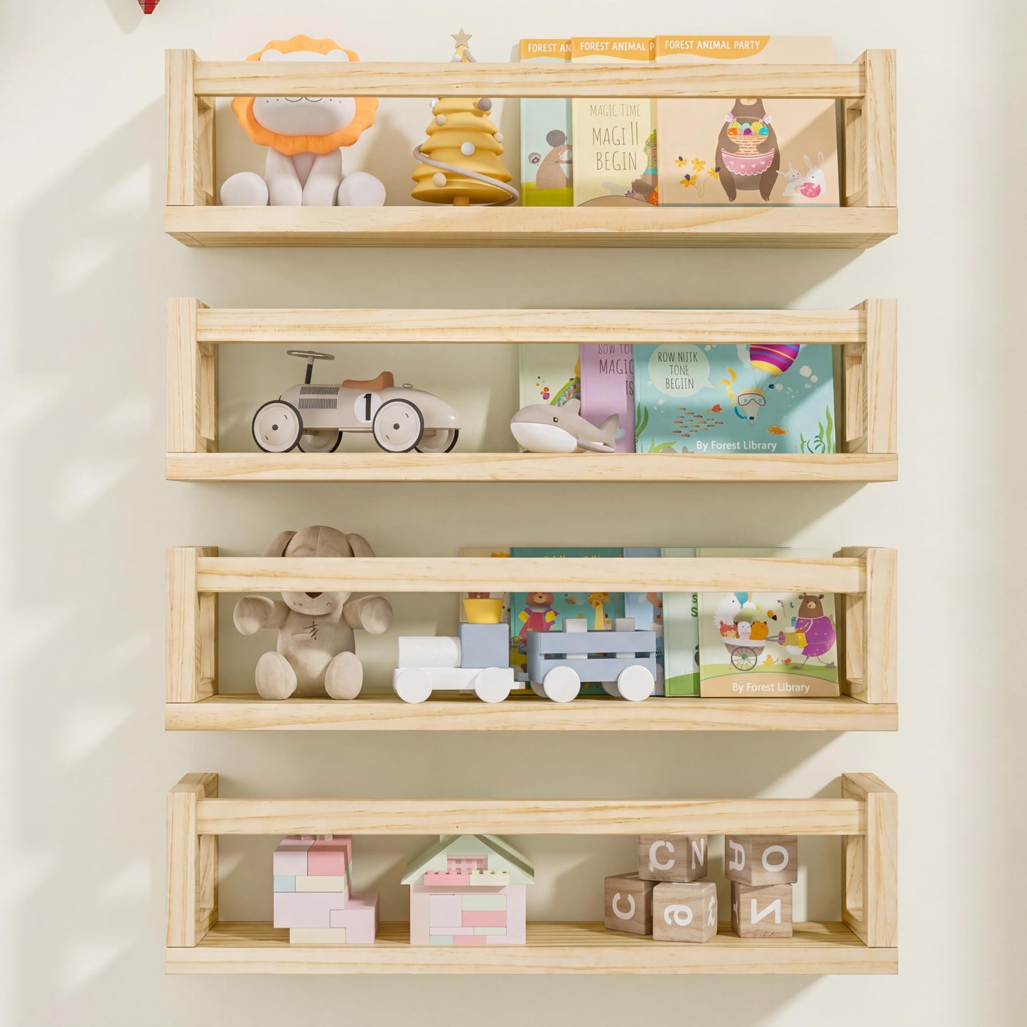Picrit Set of 4 Natural Solid Wood Nursery Floating Shelves - Decorative Wall-Mounted Kids Bookshelf for Toy Storage & Book Display in Playroom or Kids Room, Durable Organizer