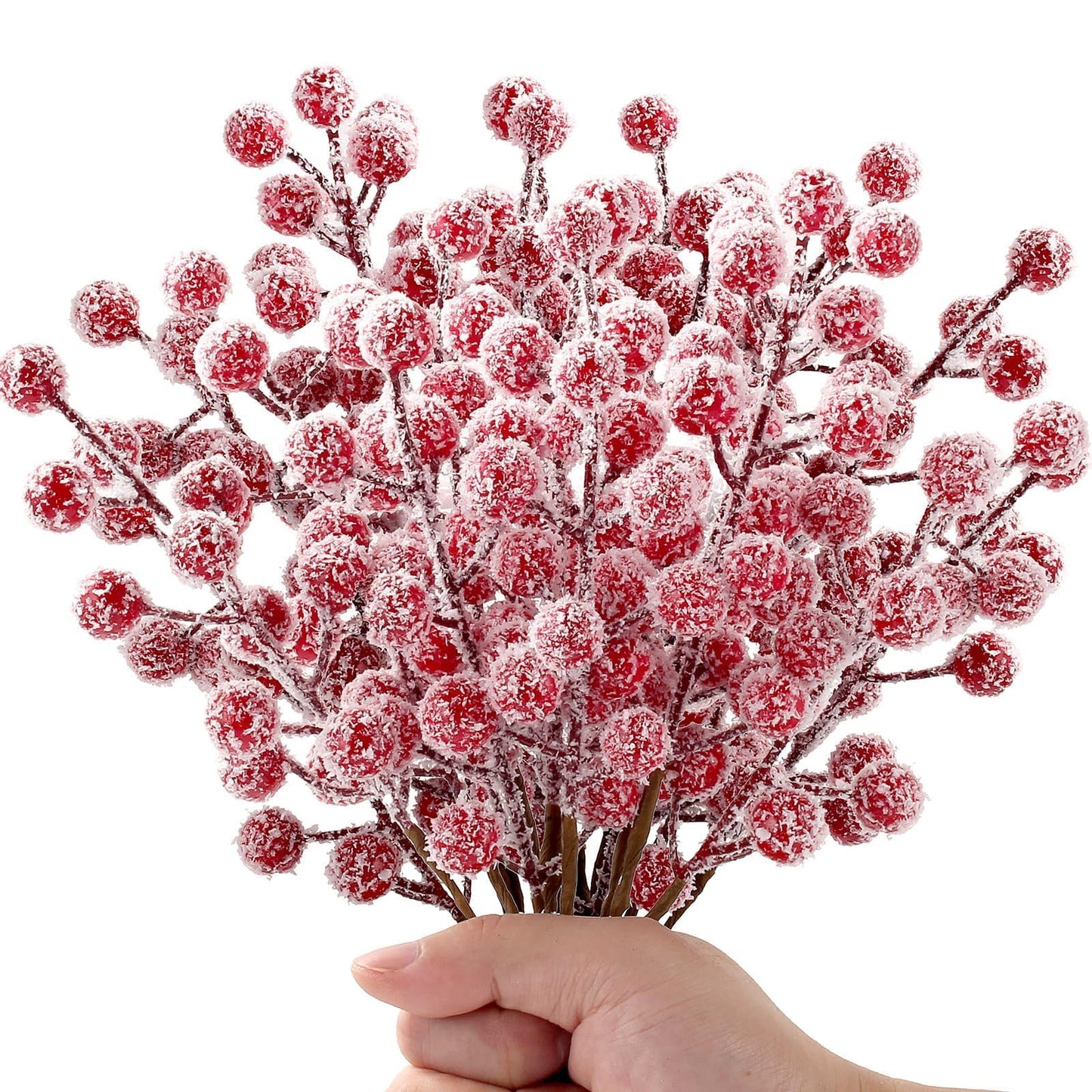 Sherika 24 Pcs Artificial Christmas Snowy Holly Berry Stems 9" Red Frosted Berries Picks and Sprays for Christmas Tree Decorations Ornaments, DIY Craft Wreath Making Supplies Christmas Tree Decor
