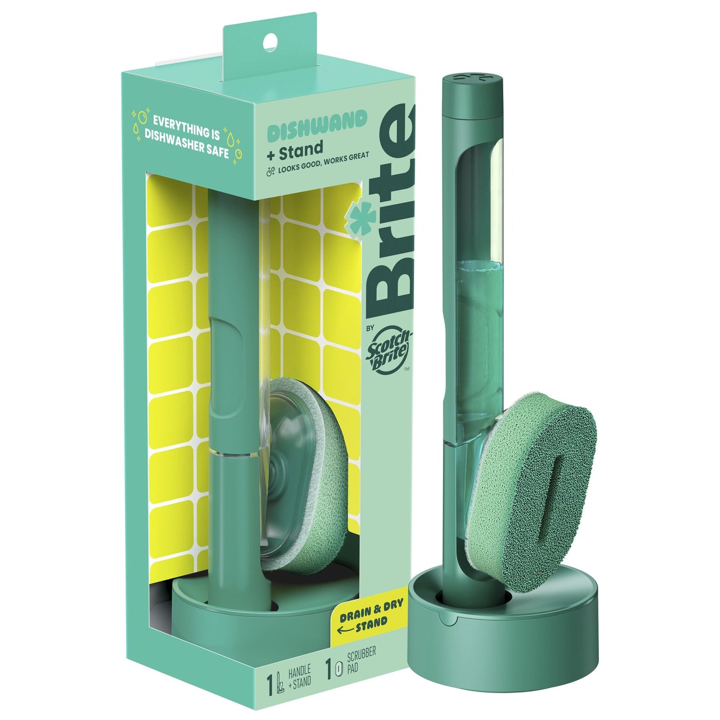 Brite by Scotch-Brite Fillable Dishwand with Drain + Dry Stand, Household and Kitchen Sponge for Washing Dishes, 1 Dish Wand with Soap Dispenser