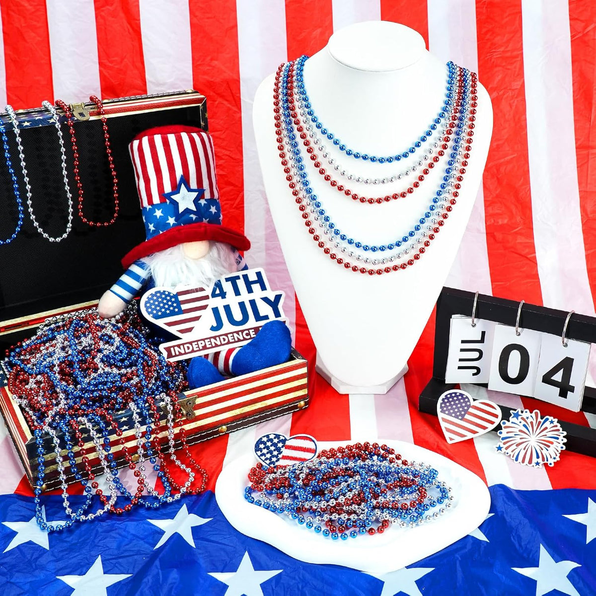 SHAOQINLIN 144 PCS Silver Bead Necklace, Silver Mardi Gras Beads Christmas Necklace, 4th of July Necklaces, 33'' Silver Party Beads for Patriotic Day, Mardi Gras, Christmas, Carnival Party Favors