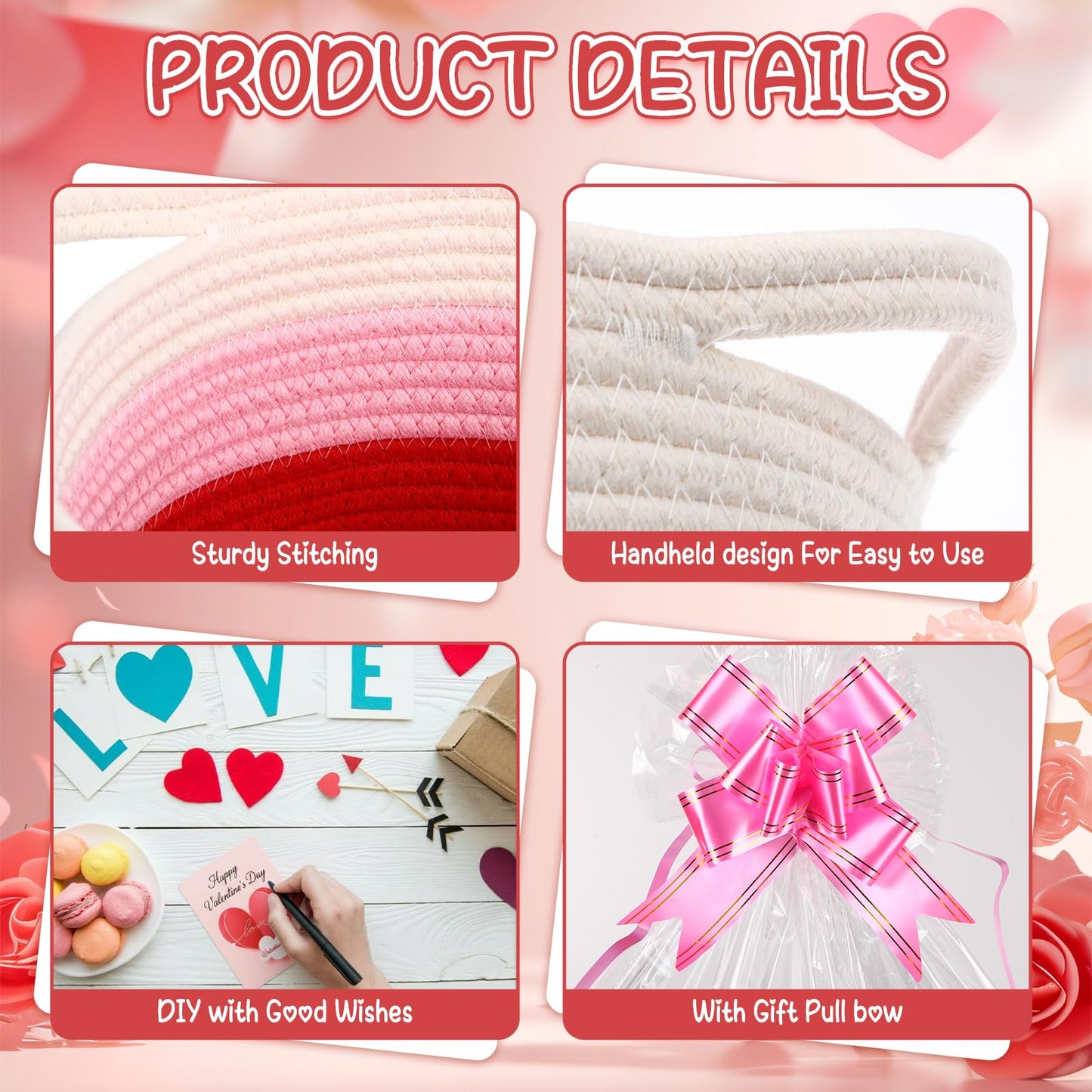 8 Set Valentines Day Gift Basket Woven Empty Basket with Cellophane Bags Pull Bow Greeting Card & Letter Stickers Empty Decorative Gifts Chest Box with Handles for Party Favors Baby Shower (Small)