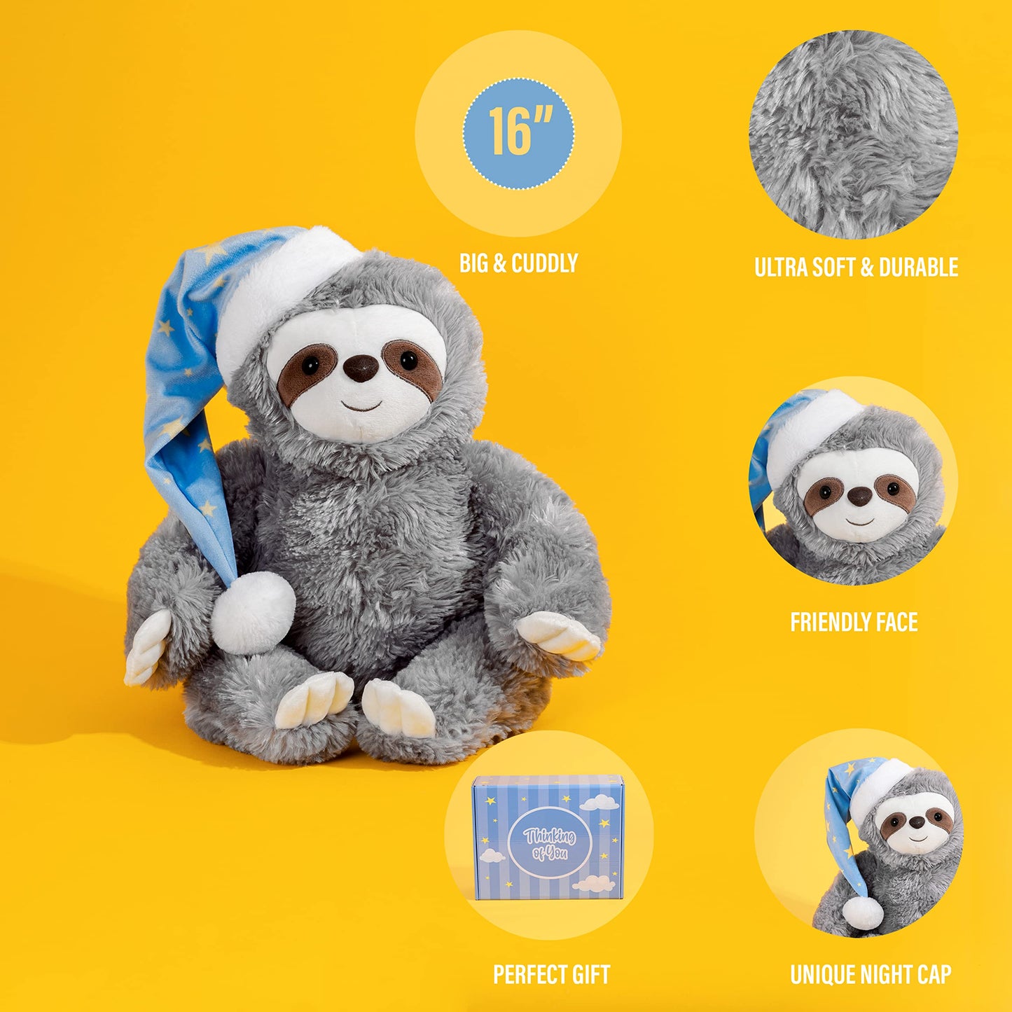 Thoughtful Sloth Plush Stuffed Animal - 16" Cotton Soft Cuddly Toy, Get Well Soon Care Package Gift for Kids, Teens & Adults