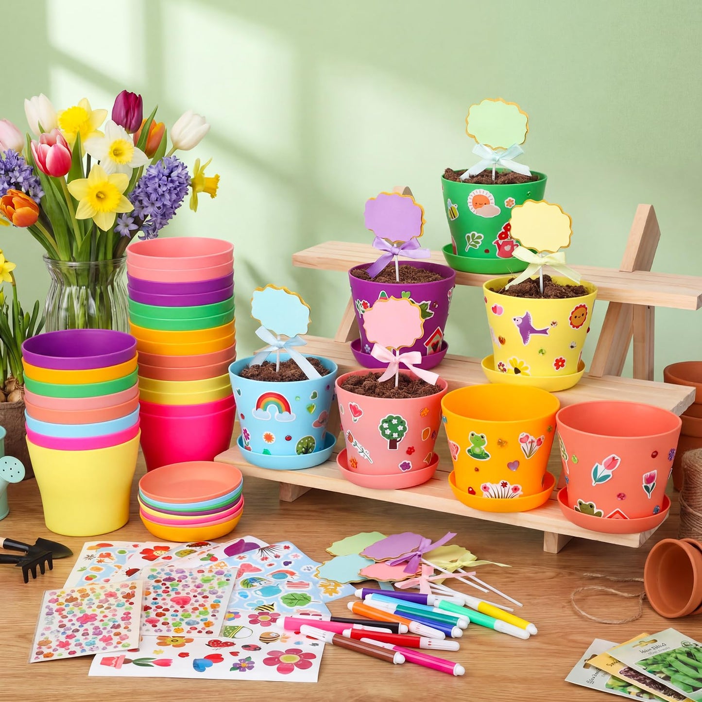 Funnymoom 48 Pcs Garden Plastic Paintable Flower Pot Craft Kit DIY Painting Flower Pots with Watercolor Stickers Pipe Cleaners Growing Kits for Home Summer Mother's Day Fun Activity (Clean)