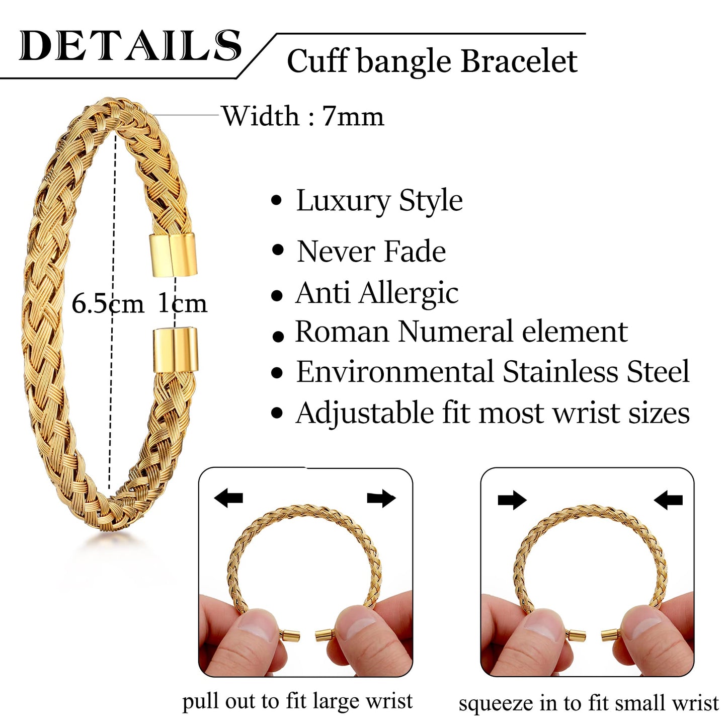 WFYOU 3PCS Stainless Steel Bracelets for Men Gold Roman Numeral Bangle Bracelet Twisted Cable Bracelet Adjustable Cuff Bracelet Mens Luxury Jewelry Bracelets Gifts(M:Gold)