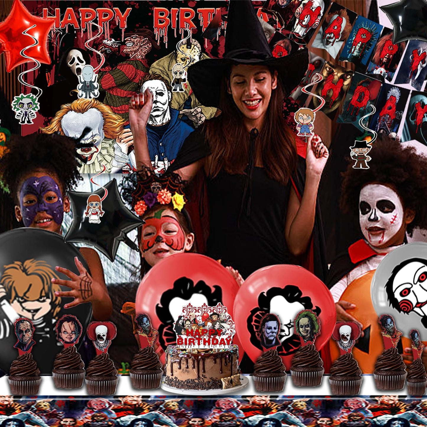 Mtgluk Horror Birthday Party Decorations Kit – 38 Pcs Halloween Themed Supplies with Banner, Backdrop, Tablecloth, Balloons & Cake Toppers for Spooky Celebrations