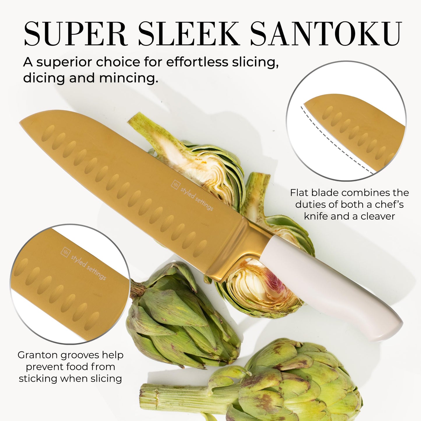 White and Gold Knife Set with Block - 14-Piece White Knife Set with Block and Built-In Sharpener – Titanium-Coated High Carbon Stainless Steel Blades - Gold Kitchen Accessories - Great for Gifting