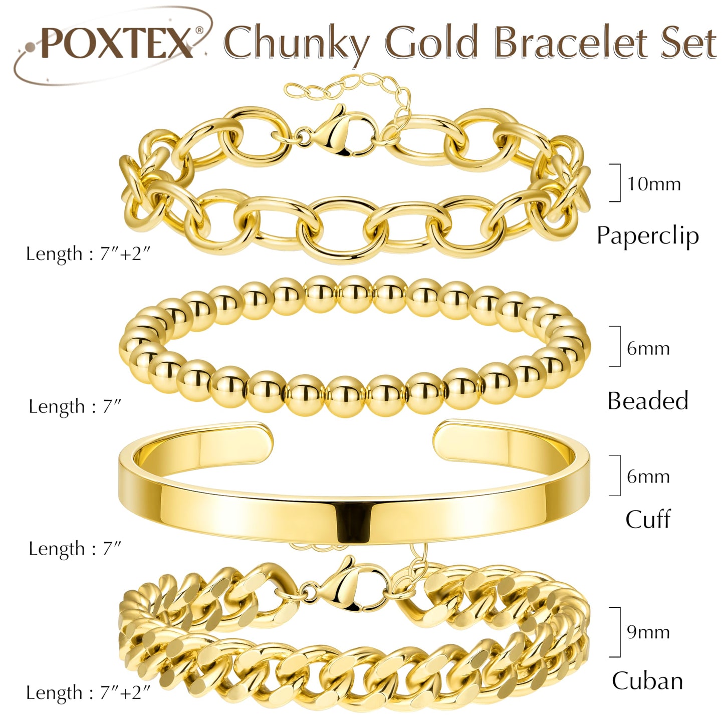 Chunky Gold Bracelet Stack for Women Non Tainish, Chunky Stackable Thick Bracelets Set for Women, Gold Plated Large Bracelet Stack With Bangle Beaded Cuban Paperclip Chain Jewelry Gifts for Mom Her