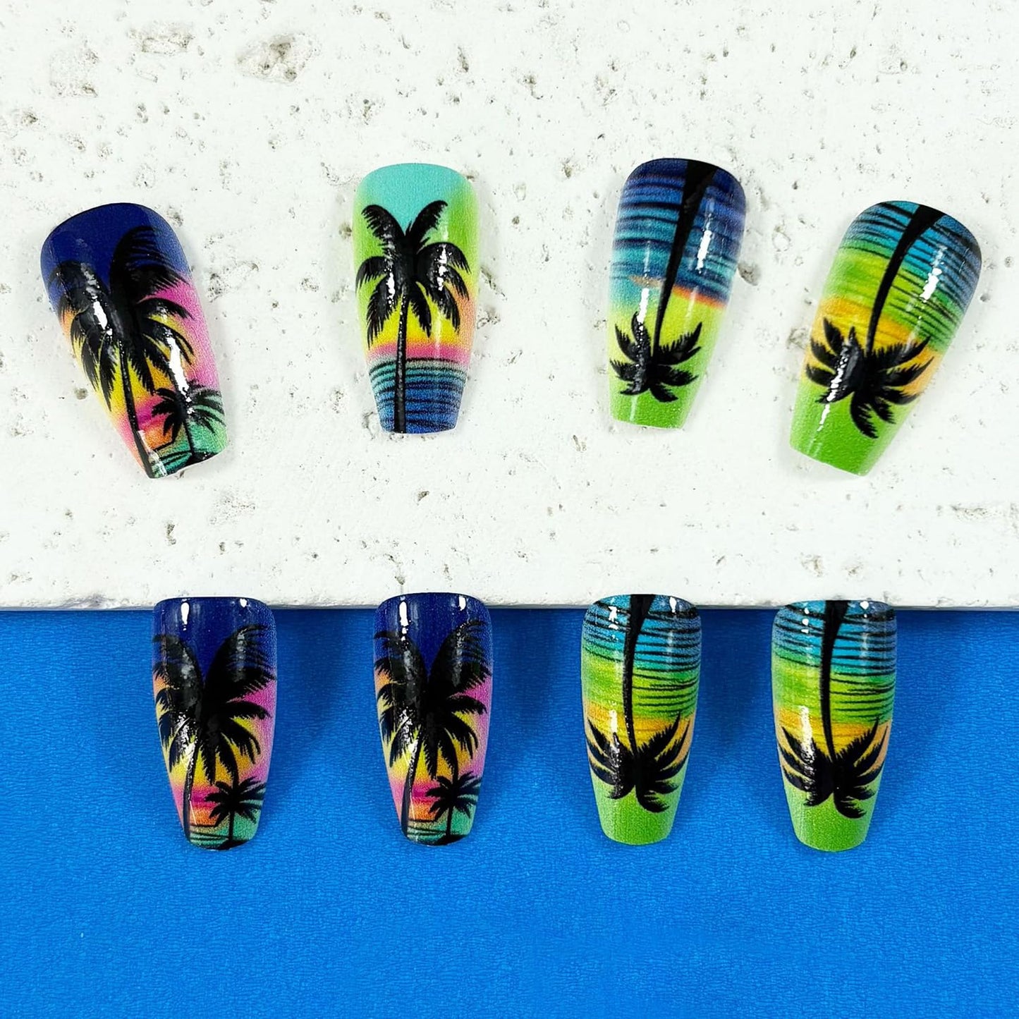 Black Coconut Tree Press on Nails Long Length Colorful Fluorescence Acrylic Nail Full Cover Glossy Ballet Shaped Artificial Stick on Nail Beach Artificial Fingernails DIY Glue on Nails for Women 24Pcs