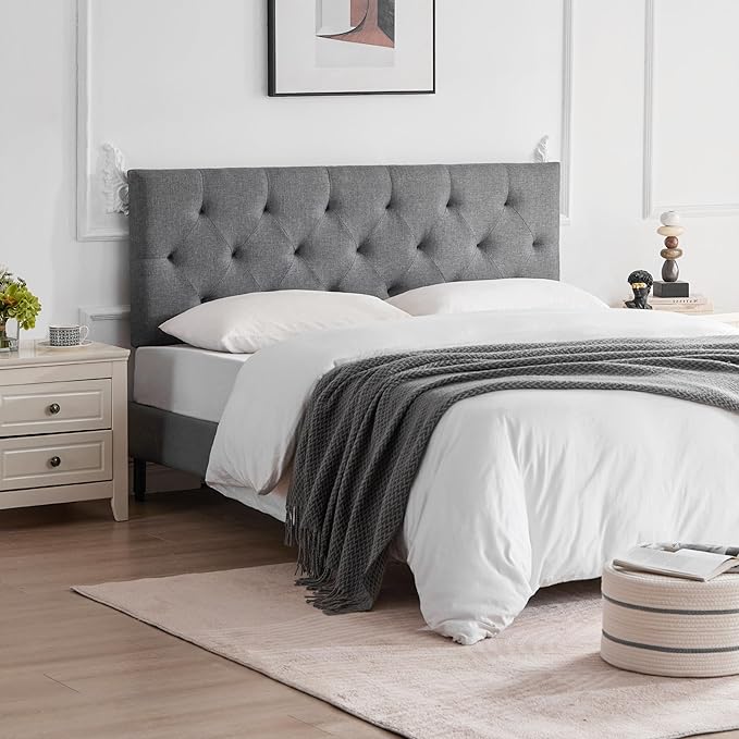 Linen Upholstered Headboard Queen Size, Modern Diamond Tufting Solid Wood Queen Headboard Only, Adjustable Height from 37” to 51” Head Board, Bed Frame or Wall Mount Headboards, Light Grey
