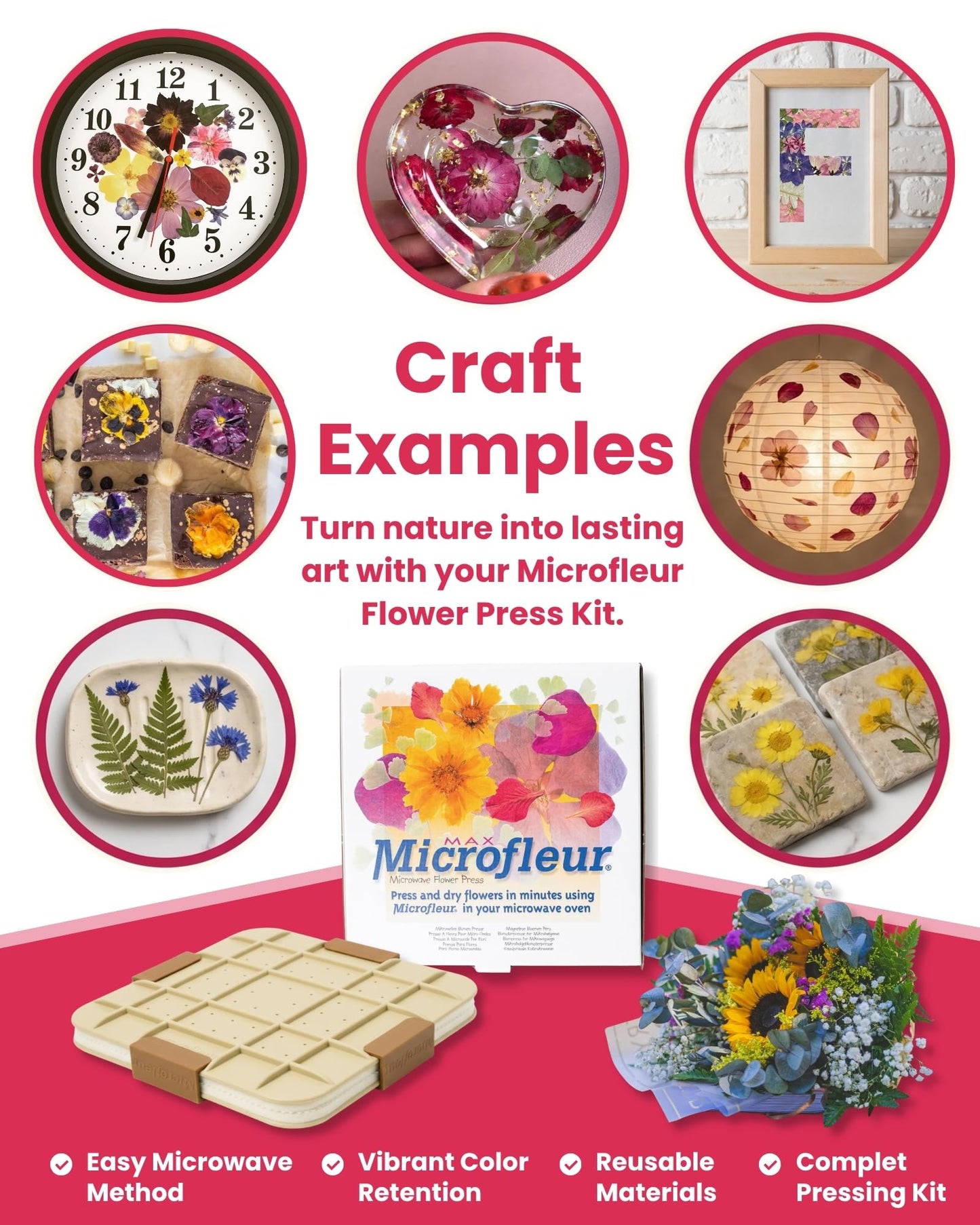 Microfleur Flower Preservation Press Kit, Portable Quick & Easy for Pressed Flowers, Craft Flower Press Kit, Pressing Dry Bouquet & Leaf, Washable Cloth for Lasting Color Fits Most Microwave, 9 inch