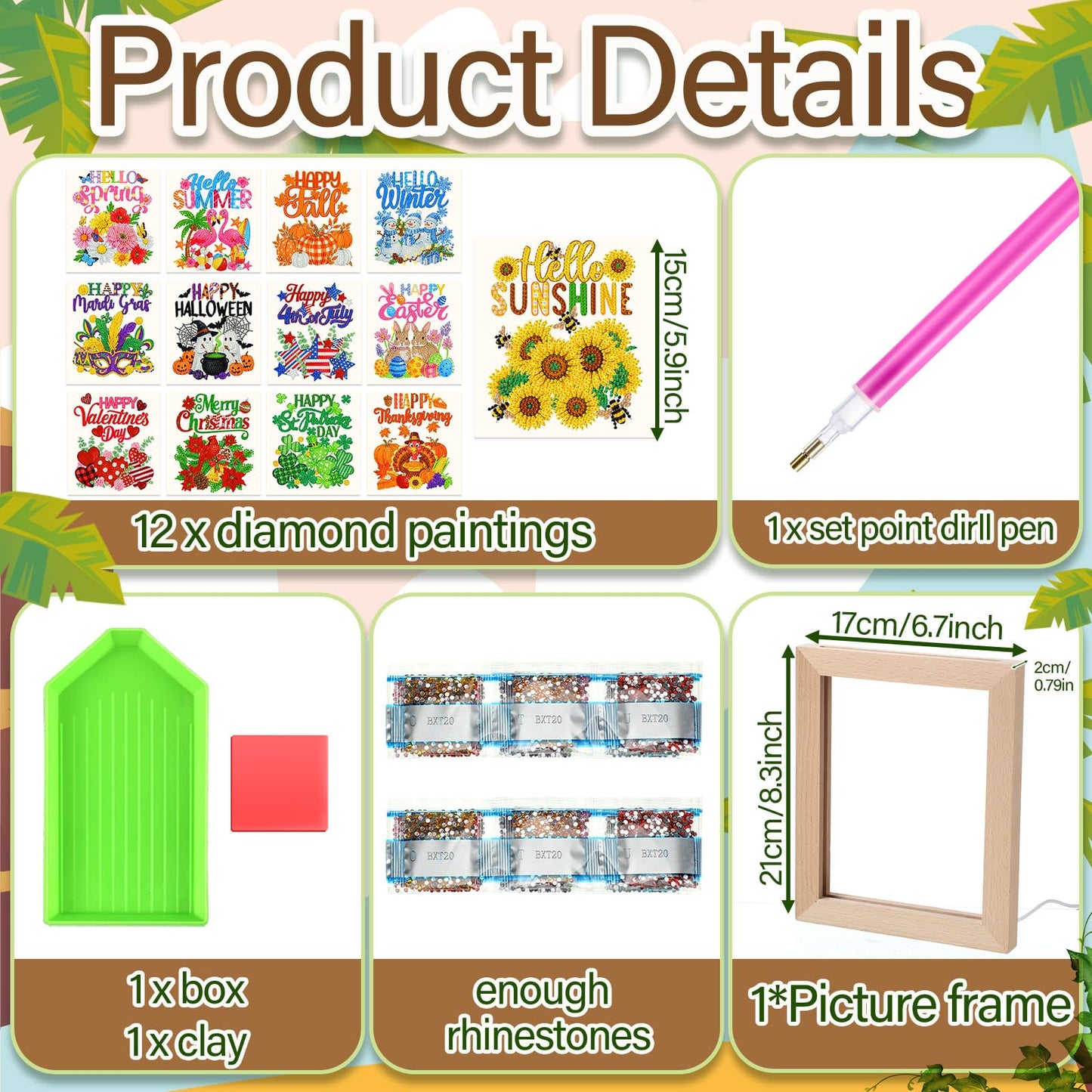 Chunful 13 Pcs Interchangeable Diamond Art Kits for Adult Seasonal Summer Diamond Painting with Wooden Light Frame Holiday Patriotic 5d Rhinestones Tabletop Decor for DIY Craft Gift, Table Tiered Tray