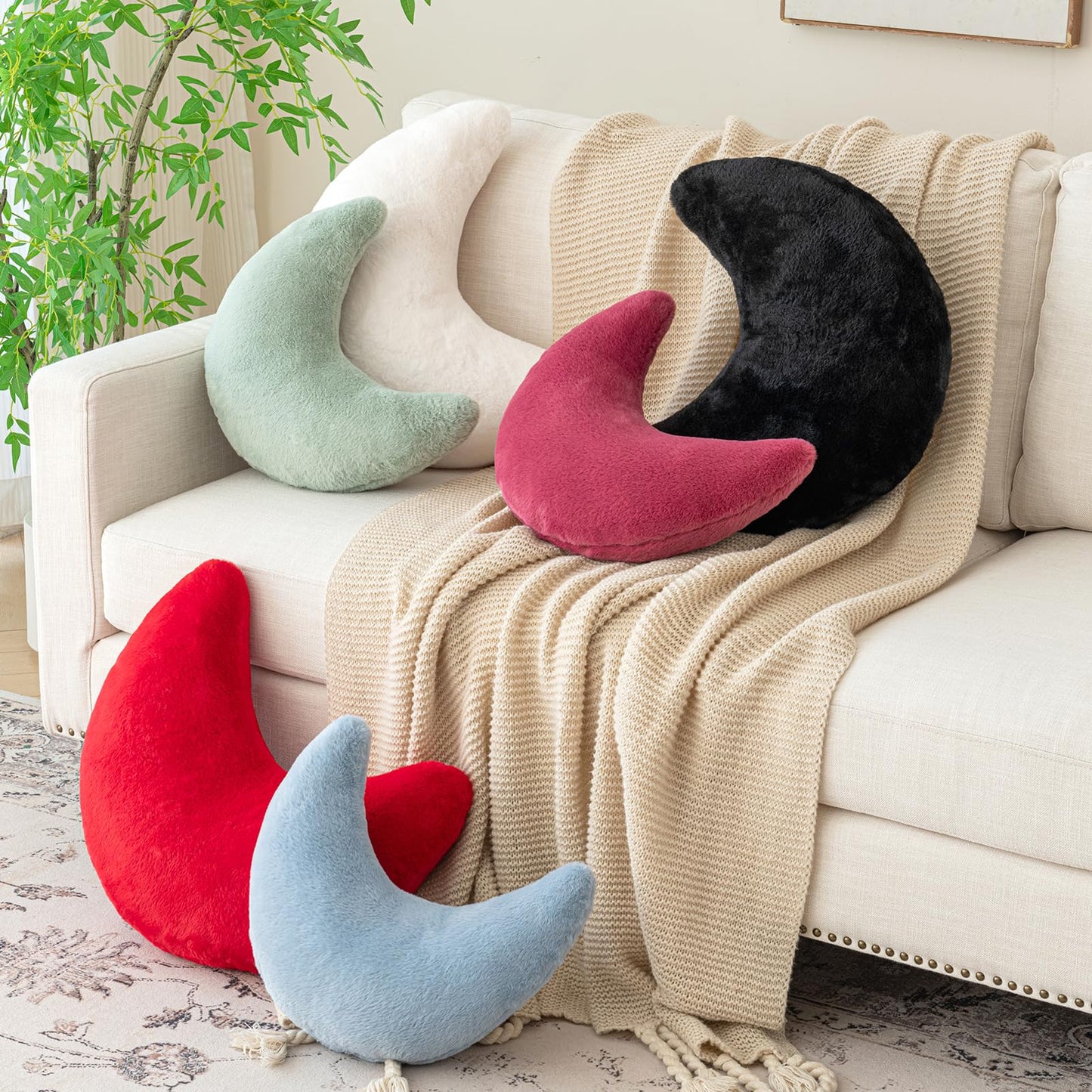 Znhinery Moon Pillow, Decorative Throw Pillows with Soft Faux Rabbit for Bed Couch, Moon Shaped Pillows Plush Floor Cushions Room Decor Pillow for Sofa Bedroom Living Room