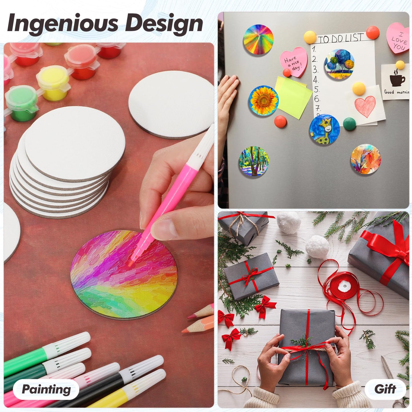 Engrowtic 50 Pcs Magnetic Painting Canvas Panel Mini Canvas Boards for Painting Mini Tile Art for Fridge Locker Art Crafts DIY(3 in,Round)
