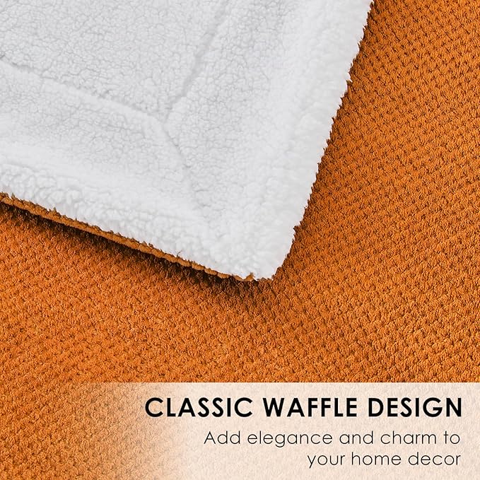 SOCHOW Waffle Sherpa Fleece Throw Blanket, Super Soft Fuzzy Warm, Lightweight Fluffy Reversible Plush Blanket for Bed Sofa Couch, 50 x 60 Inches Burnt Orange