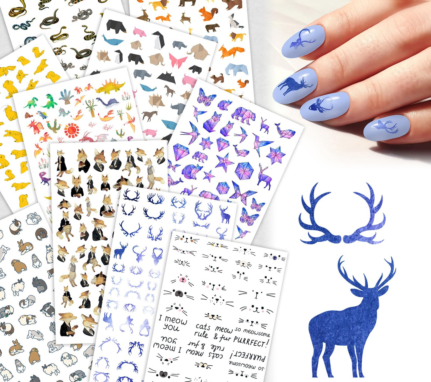 Nail Decals [10 Sheets] Woodl Animal Nail Stickers Set Deer Antlers Foxes Rabbits Bears Geometric Wildlife Playful Creatures Creating Charming Nature Inspired Manicure Styles Unique Nail Looks