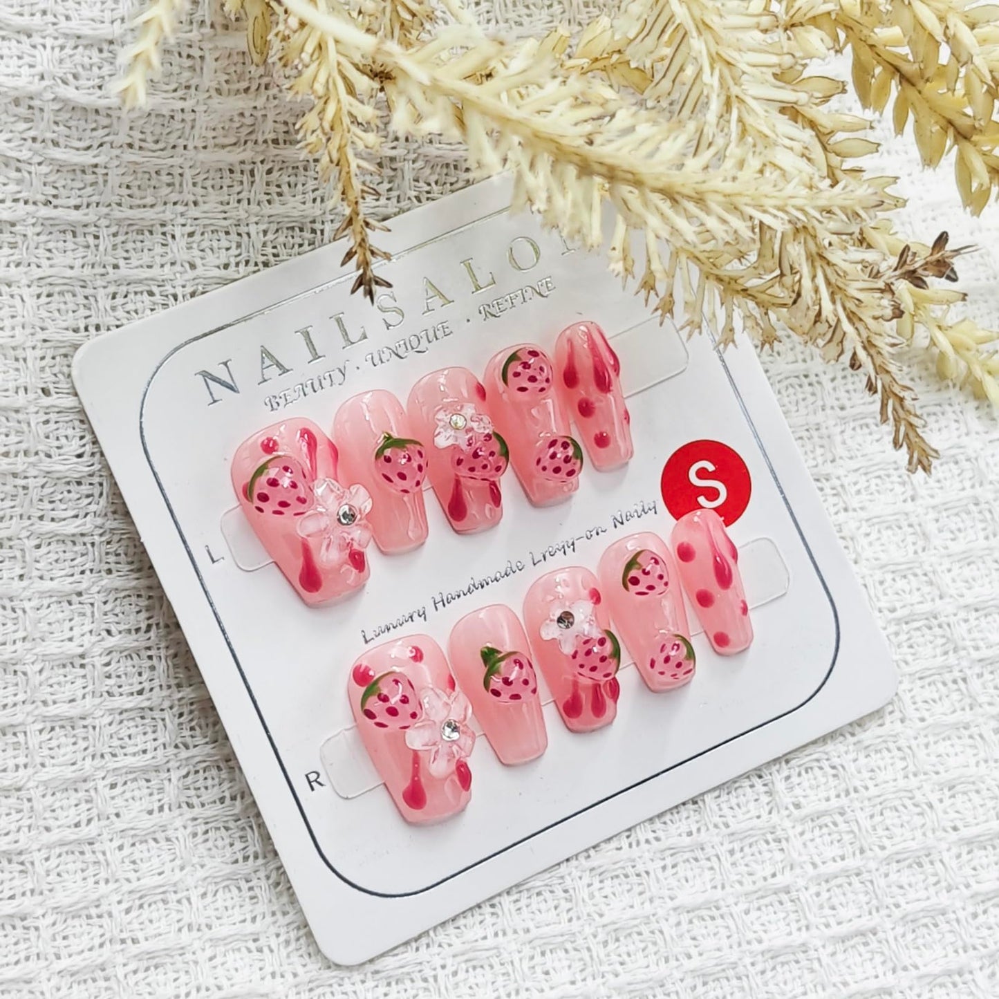 10Pcs Pink Coffin Press on Nails Handmade Fake Nails Reusable False Nails with 3D Strawberry Flower Design Acrylic Nails Press ons Cute Strawberry Nail Spring Summer Stick on Nails for Women (S)
