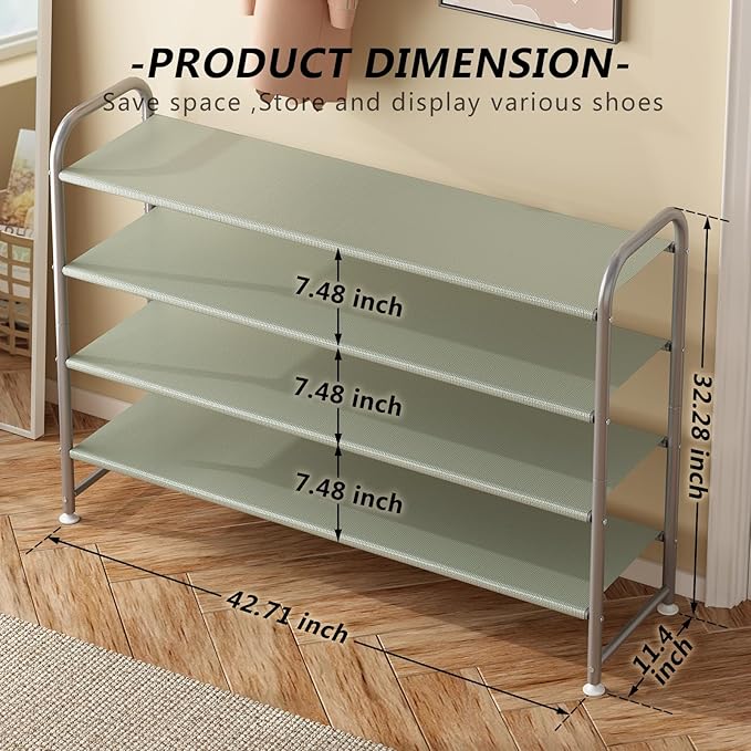 Shoe Rack 4 Tier Long Storage Organizer Wide Metal Shoe Shelf for Closet Entryway Grey