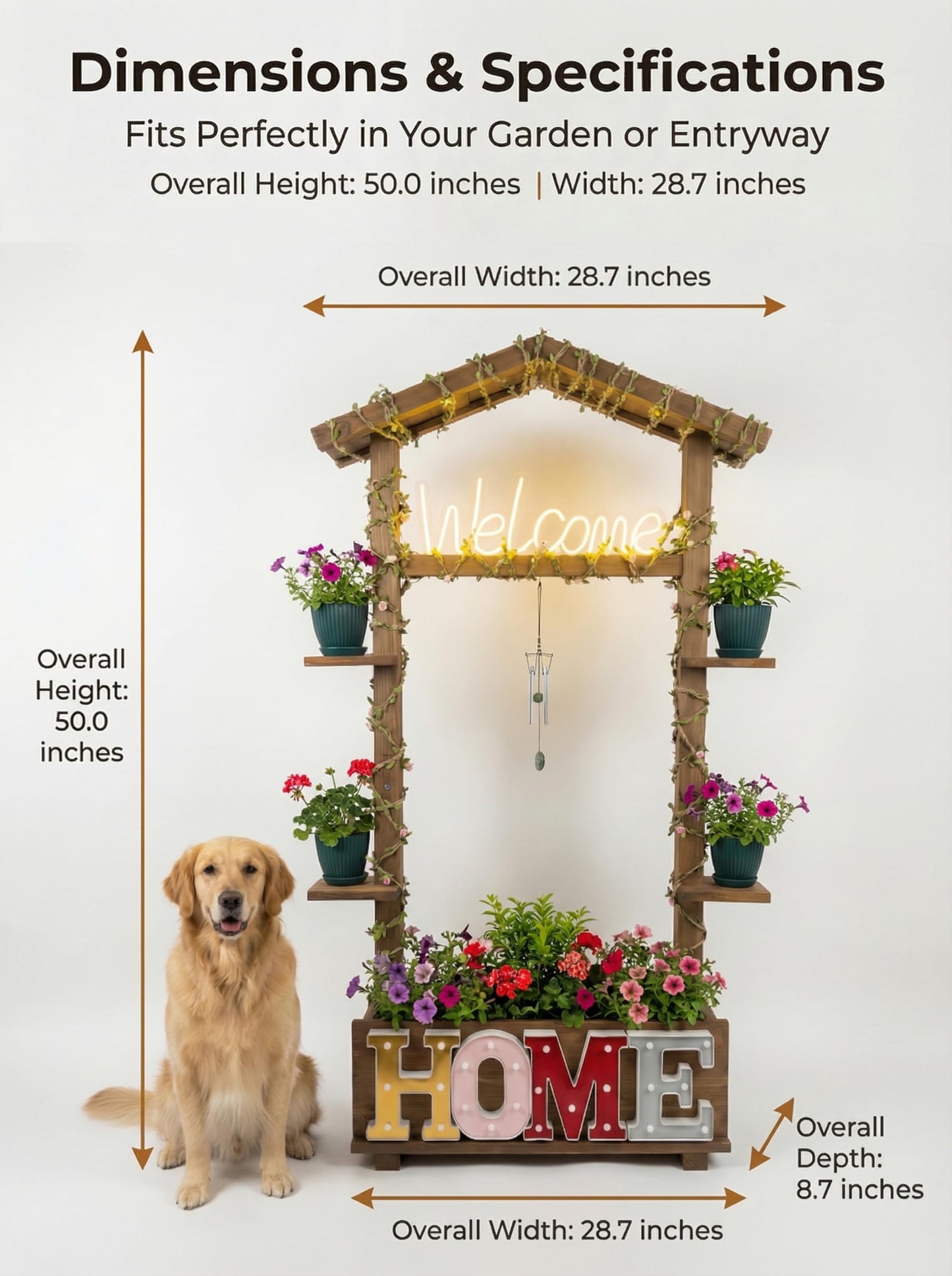 Borsynium Rustic-Style Floor-Standing Wooden LED Sign with Plug-in Functionality, Ideal for Planting or Arranging Flowers in Gardens, Lawns, or Front Entrances, 28.7x8.7x50.0 Inches