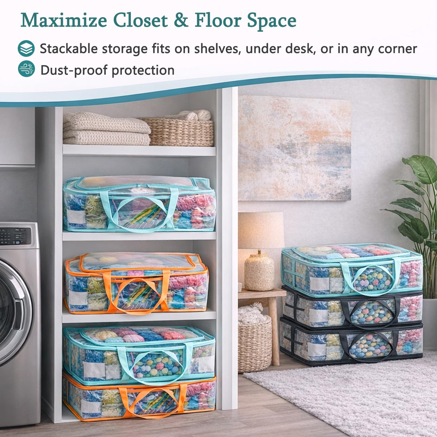 MYBAGZING Clear Yarn Storage Bags, 21" Large Flat Under Bed Yarn Organizer with Zipper & Handles, Stackable Knitting and Crochet Storage for Closet Shelves, Craft Room, Yarn Skeins, Hooks & Needles