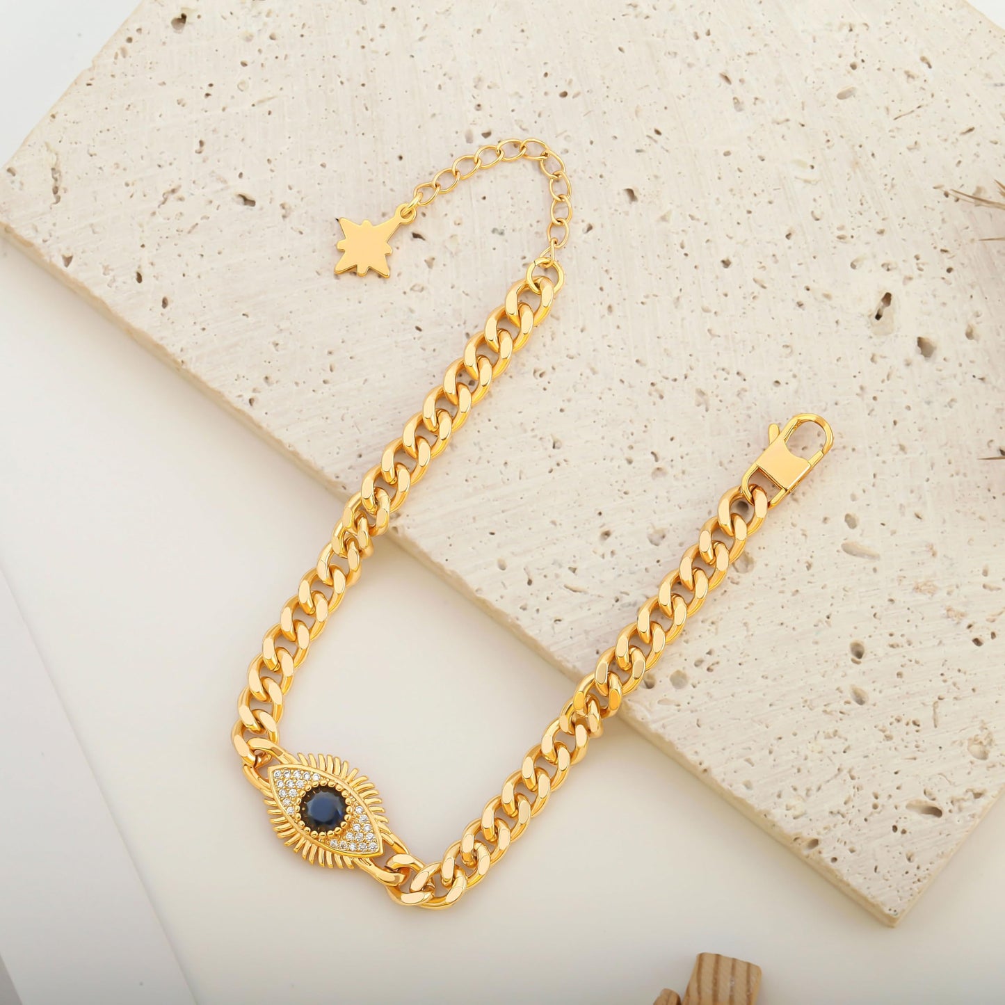 SOFYBJA Dainty 18K Gold Plated Devil’s Eyes Cuban Link Bracelet for Women Adjustable Bracelet Layered Handmade Jewelry