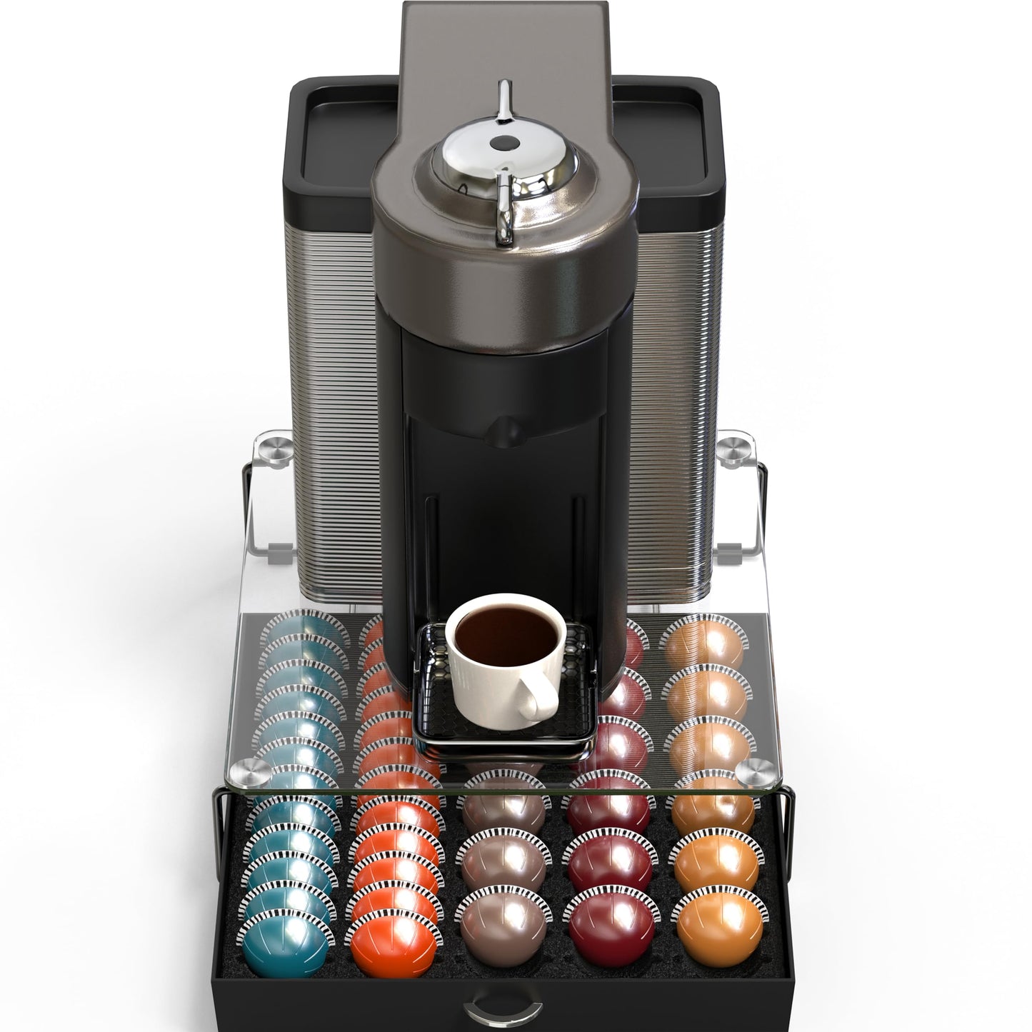 Deco Brothers Crystal Tempered Glass Vertuo Pod Holder Drawer, 30 Large or 60 Small Nespresso Capsule Organizer, Black