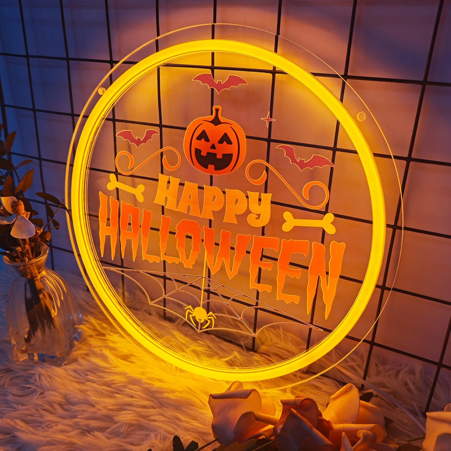 Happy Halloween Neon Sign, Round Pumpkin LED Wall Light with Spider Web and Bats, Halloween Party Wall Decor, Adjustable Brightness Neon Lamp with Mounting Kit 11.6" × 11.6"