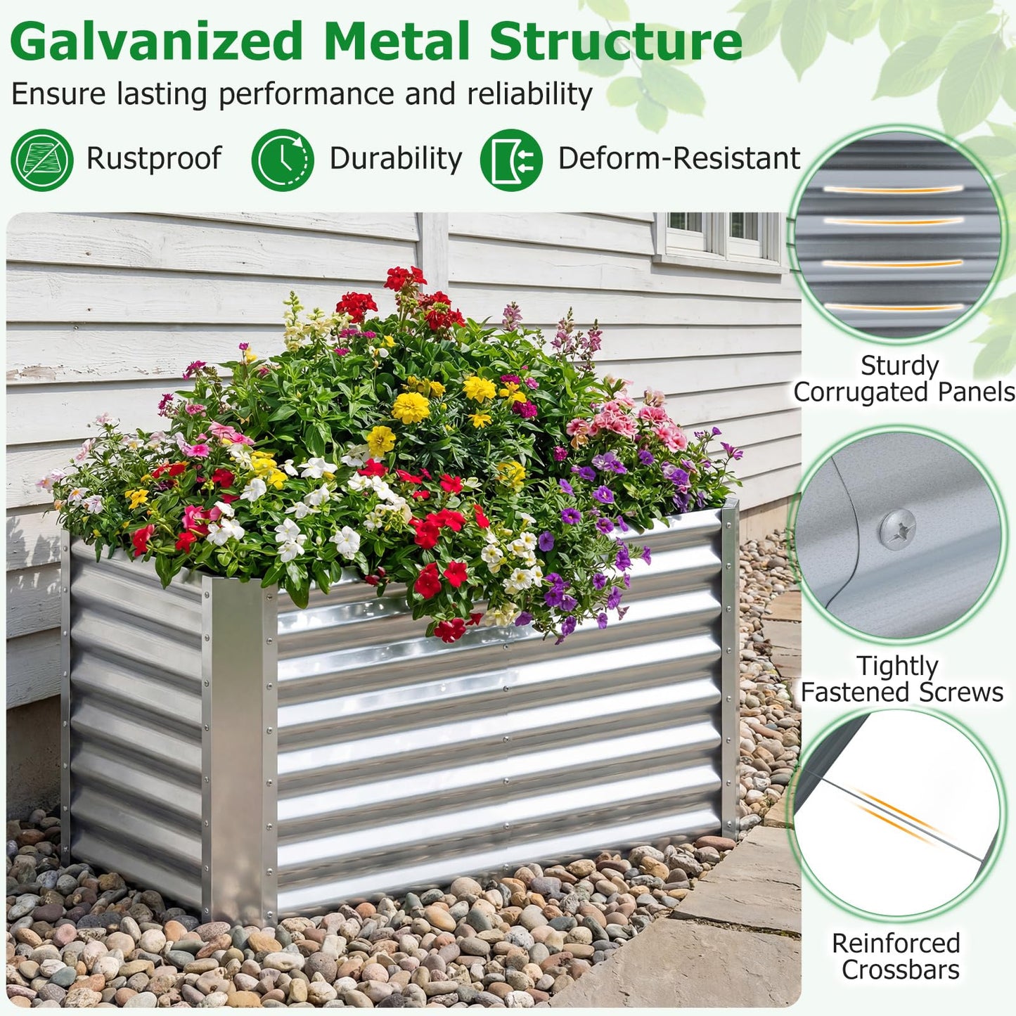 Giantex 4 x 2 x 2 FT Galvanized Raised Garden Bed, Rectangular Metal Planter Box with Open-Ended Base for Sapling Vegetable Flower Fruit, Outdoor Plant Container Kit for Patio & Lawn, Sliver