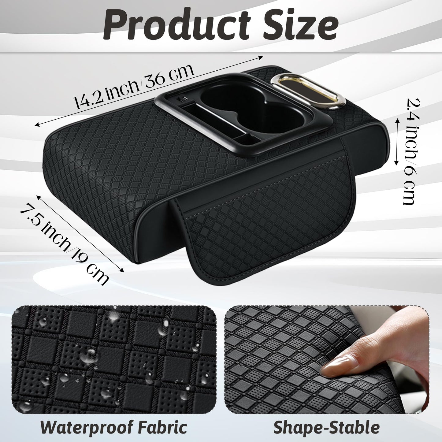 GioXtra Car Armrest Box Mat - Multi-Functional Black Leather Center Console Cover Waterproof Height Enhancement Cushion with Storage Box Cup Tissue Phone Holder Card Pocket for Car Interior Accessory