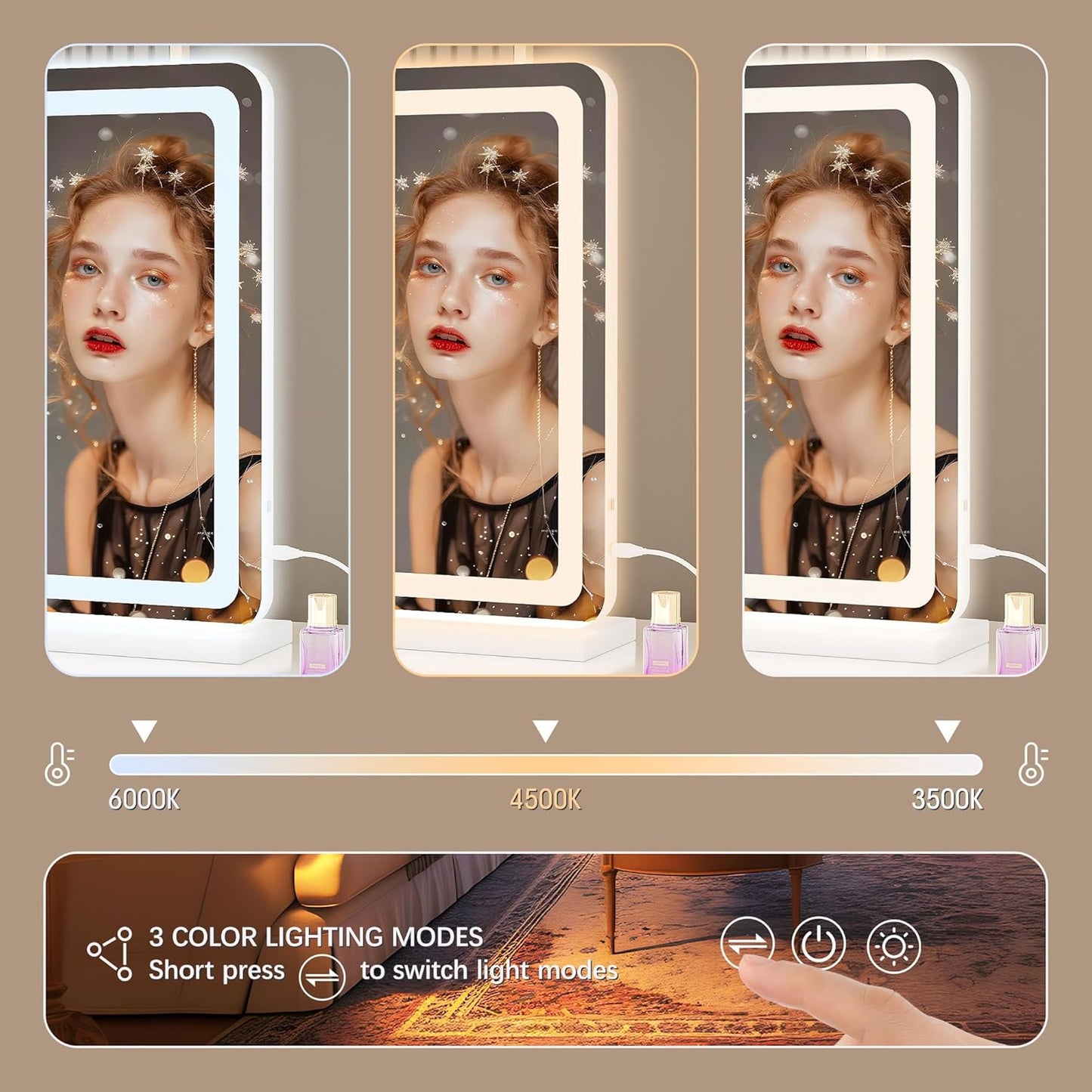 Hasipu Vanity Mirror with Lights, 31.5" x 20" LED Makeup Mirror, Lighted Makeup Mirror with Dimmable 3 Modes, Touch Screen Control Vanity Mirror Round White
