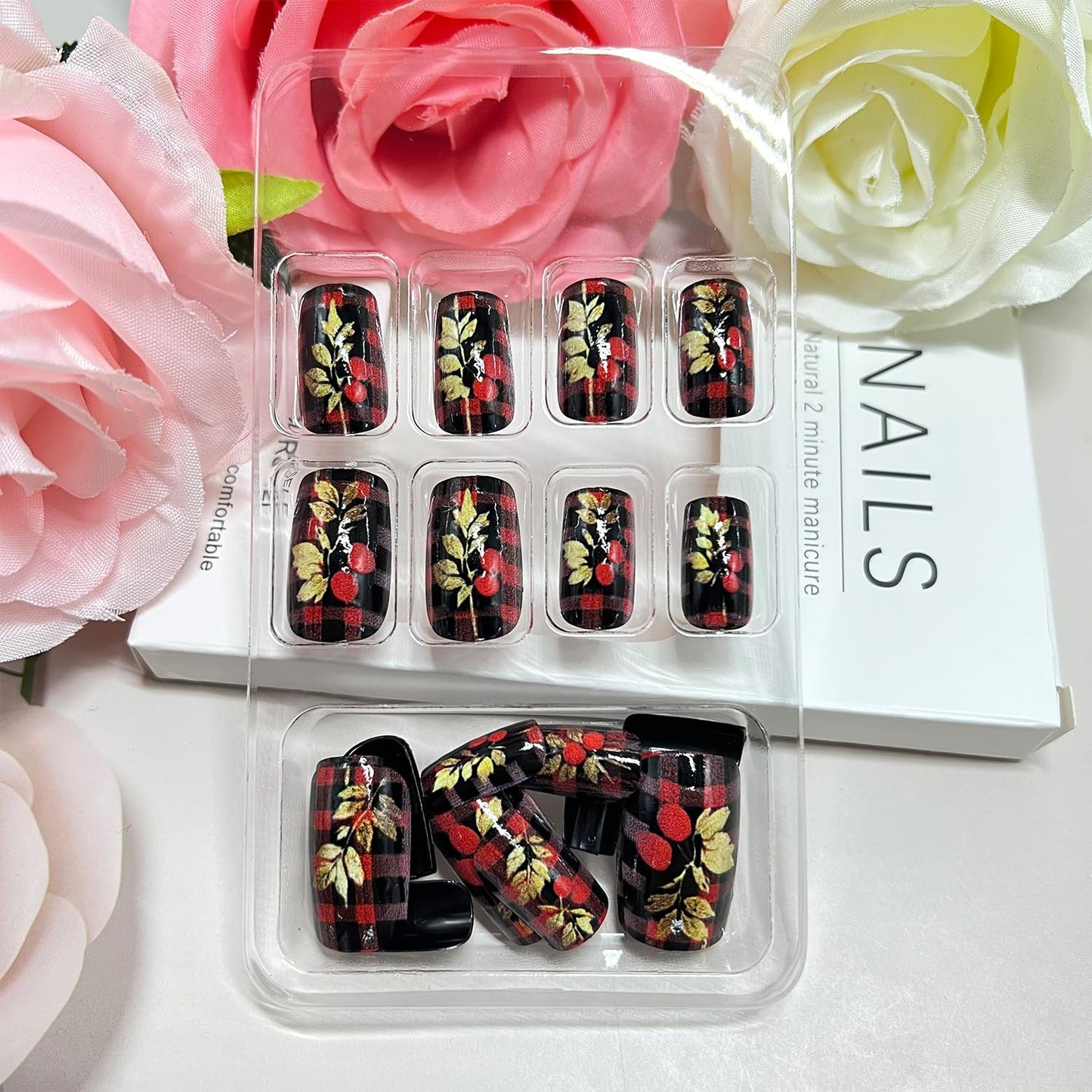 Vopintpy Gold Glitter Leaf Press on Nails Medium Square Fake Nails with Design Glossy Acrylic Glue on Nail Reusable Full Cover Artificial Stick on Nail for Women DIY Manicure