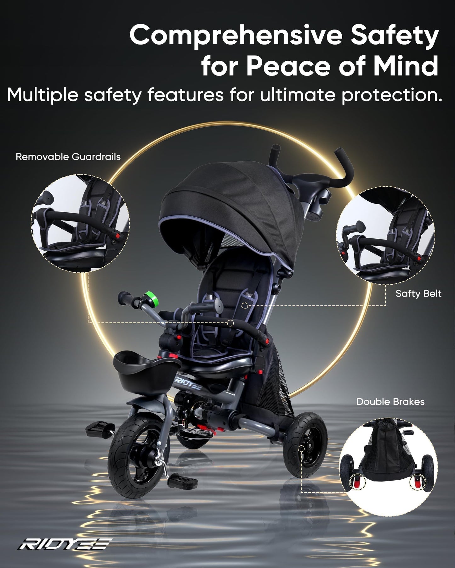RIDYEE 7-in-1 Folding Toddler Tricycle for 18 Months to 5 Years, Tricycle Stroller with Dual Brakes, All-Terrian Rubber Tire, Tricycle for Toddlers with Rotatable Seat, Adjustable Push Handle, Grey