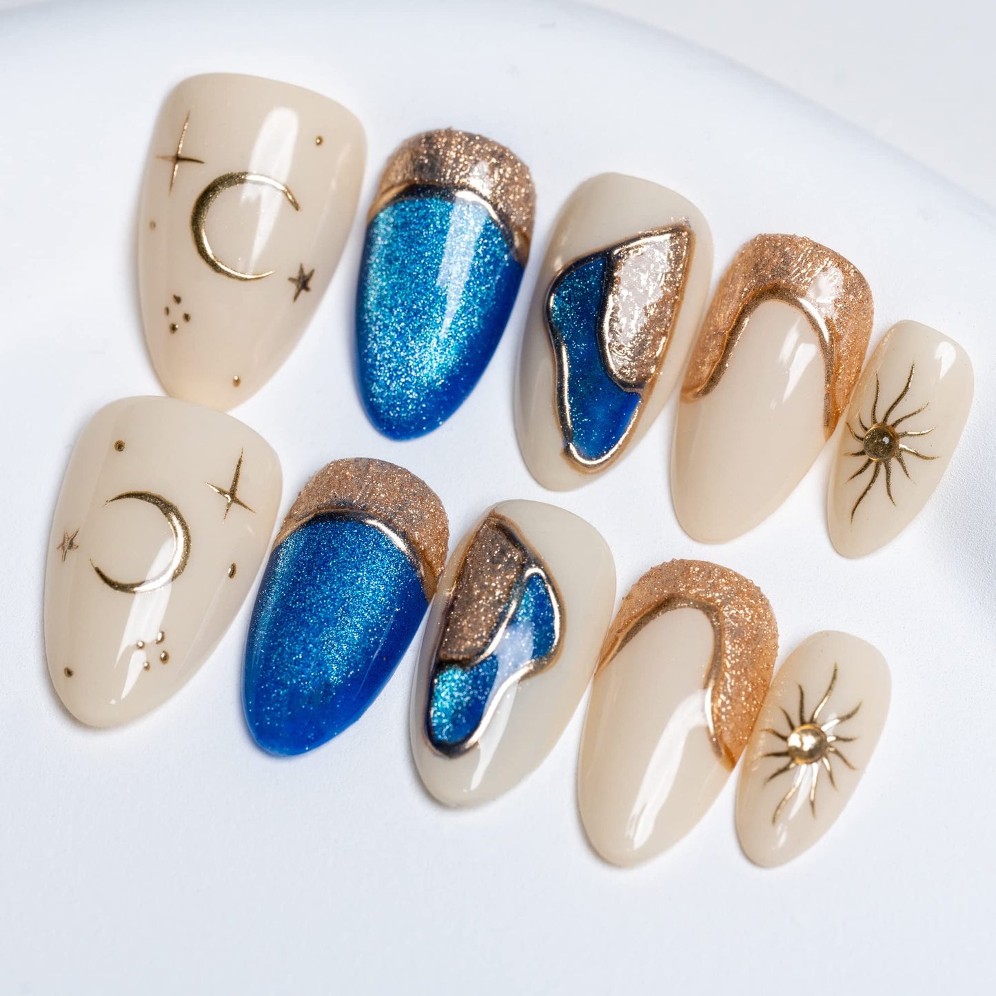Sun&Beam Nails Handmade Press-On Short Almond with White Blue Gold Color 3D Design Charm Cat Eye Cute False Nail Tips 10 Pcs (#81 XS)