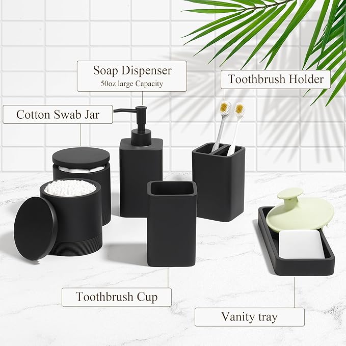 Bathroom Accessories Set, 6 Piece Bathroom Set with Toothbrush Holders, Soap Dispenser, Vanity Tray, Tumbler, Cotton Swab Jars, Bathroom Organizer，Bathroom Sink Sets, Matte Black